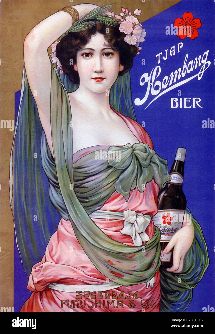 Japan: Advertising poster for Kembang (Sakura Export) Beer, c. 1912-1916.  A European woman advertises Kembang (Sakura export) beer apparently aimed at a European (or expatriate) market - perhaps a Dutch joint enterprise based in the Dutch East Indies (Surabaya, Indonesia). Stock Photo