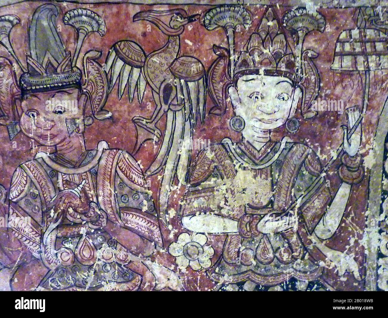 Burma/Myanmar: Mural of Burmese royal courtiers, Phowintaung Caves, Monywa, 14th-18th century. Photo by Anandajoti Bhikkhu (CC BY 2.0 License).  Phowintaung (also variously romanised as Hpowindaung, Powintaung, Po Win Taung) is a Buddhist cave complex located approximately 25 kilometers west of Monywa and 10 kilometers southeast of Yinmabin, in Yinmabin Township, Monywa District, Sagaing Region, Northern Burma (Myanmar). It is located on the western bank of the Chindwin River. The name of the complex means 'Mountain of Isolated Solitary Meditation'. Stock Photo