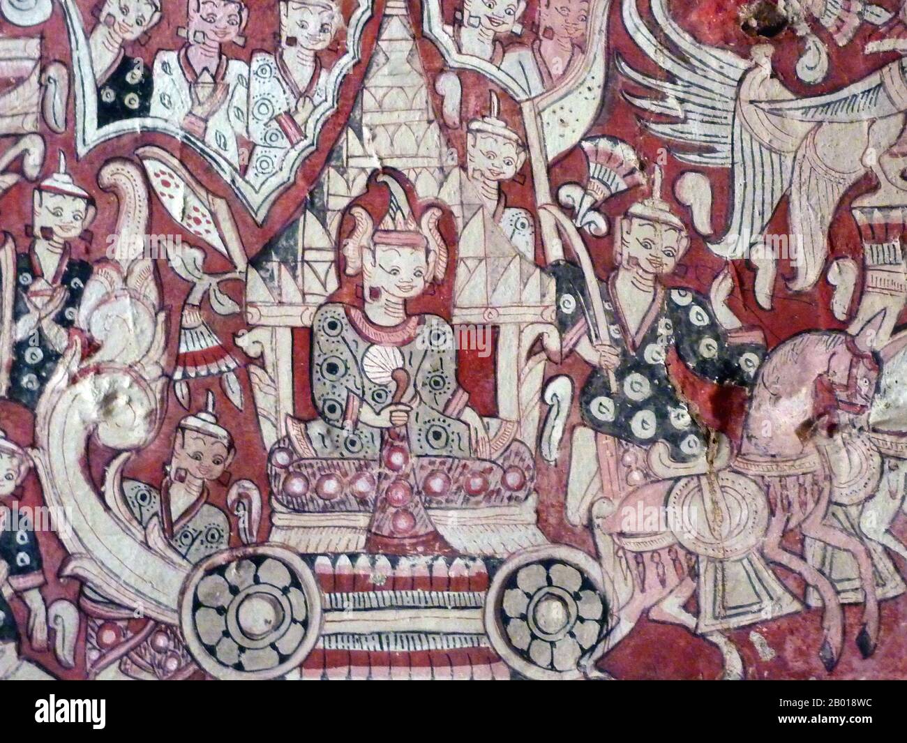 Burma/Myanmar: Mural of a Burmese king riding in a chariot, Phowintaung Caves, Monywa, 14th-18th century. Photo by Anandajoti Bhikkhu (CC BY 2.0 License).  Phowintaung (also variously romanised as Hpowindaung, Powintaung, Po Win Taung) is a Buddhist cave complex located approximately 25 kilometers west of Monywa and 10 kilometers southeast of Yinmabin, in Yinmabin Township, Monywa District, Sagaing Region, Northern Burma (Myanmar). It is located on the western bank of the Chindwin River. The name of the complex means 'Mountain of Isolated Solitary Meditation'. Stock Photo
