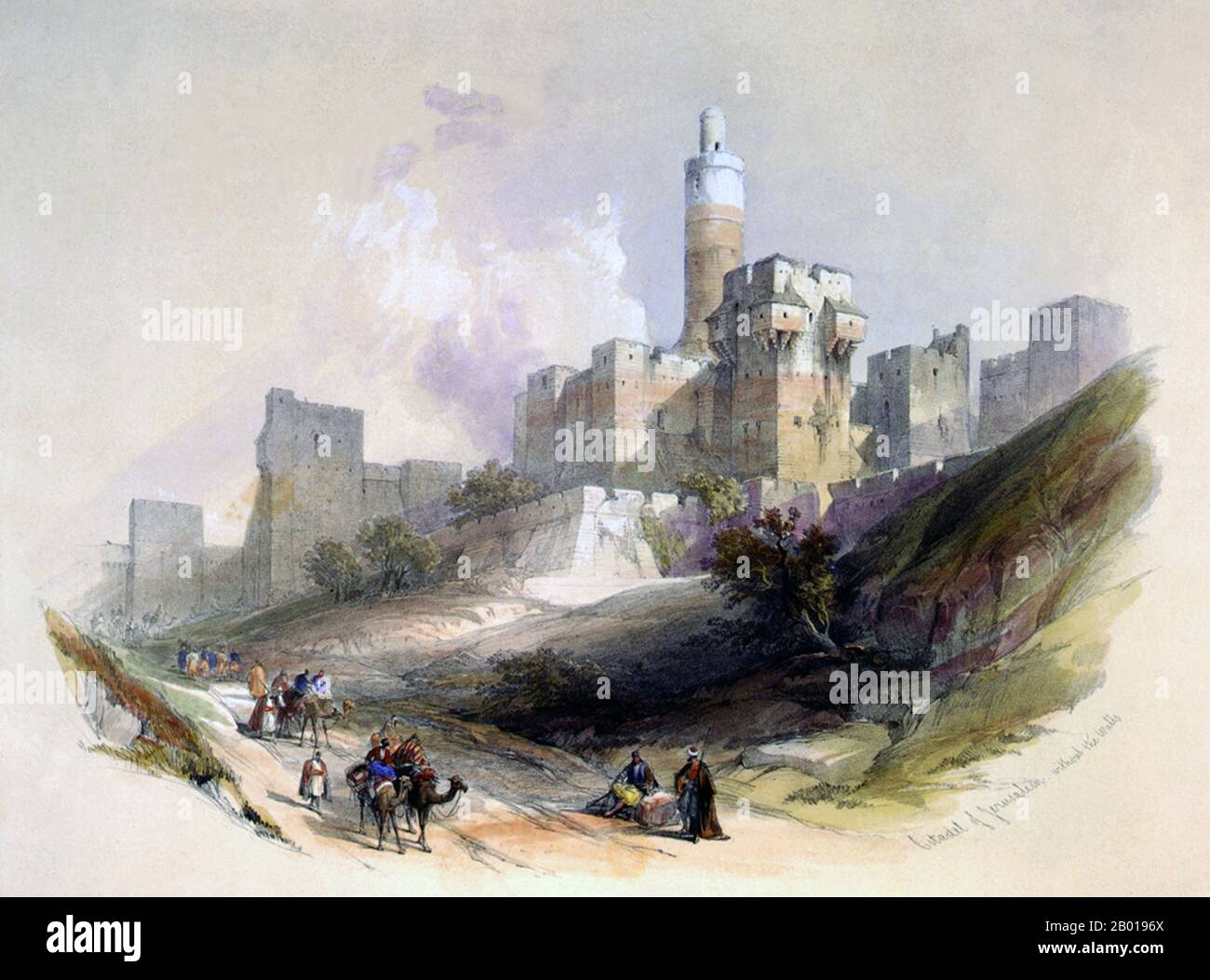 Palestine: 'The Citadel of Jerusalem, without the Walls, Tower of David'. Colour lithograph by David Roberts (24 October 1796 - 25 November 1864), c. 1839.  David Roberts RA was a Scottish painter. He is especially known for a prolific series of detailed prints of Egypt and the Near East that he produced during the 1840s from sketches he made during long tours of the region (1838–1840). This work, and his large oil paintings of similar subjects, made him a prominent Orientalist painter.  At the time of Roberts’ visit to Palestine, the country was briefly under Egyptian rule (1831-1841). Stock Photo