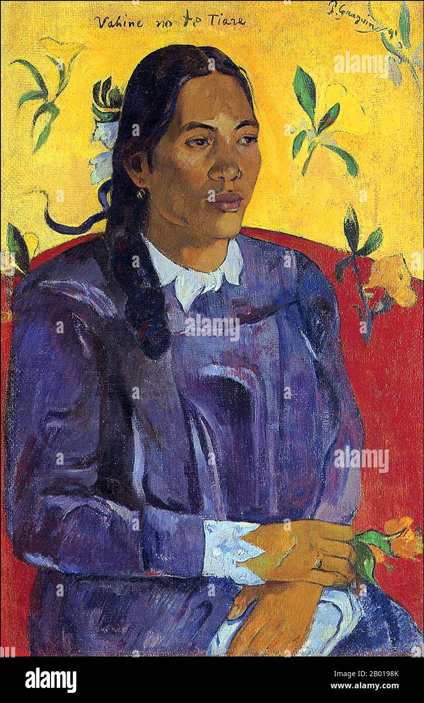 Tahiti: 'Vahine No Te Tiare' (Woman With A Flower). Oil on canvas painting by Paul Gauguin (7 June 1848 - 8 May 1903), 1891.  Paul Gauguin was born in Paris in 1848 and spent some of his childhood in Peru. He worked as a stockbroker with little success, and suffered from bouts of severe depression. He also painted. In 1891, Gauguin, frustrated by lack of recognition at home and financially destitute, sailed to the tropics to escape European civilization and 'everything that is artificial and conventional'. His time there was the subject of much interest in both then and in modern times. Stock Photo