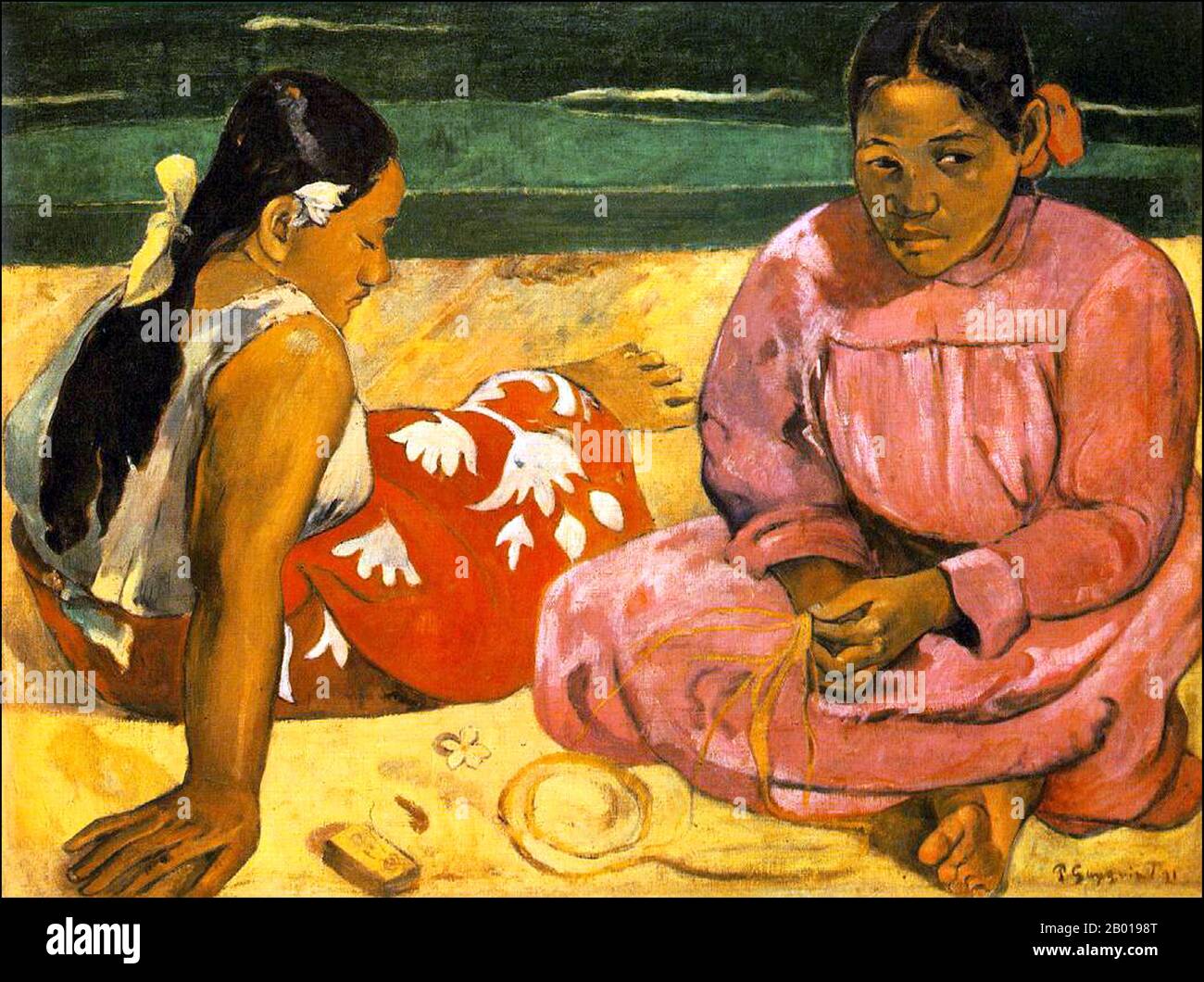 Tahiti: 'Tahitian Women on the Beach'. Oil on canvas painting by Paul Gauguin (7 June 1848 - 8 May 1903), 1891.  Paul Gauguin was born in Paris in 1848 and spent some of his childhood in Peru. He worked as a stockbroker with little success, and suffered from bouts of severe depression. He also painted. In 1891, Gauguin, frustrated by lack of recognition at home and financially destitute, sailed to the tropics to escape European civilization and 'everything that is artificial and conventional'. His time there was the subject of much interest both then and in modern times. Stock Photo