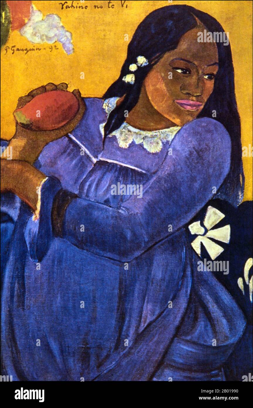 Tahiti: 'Vahine No Te Vi' (Woman with a Mango). Oil on canvas painting by Paul Gauguin (7 June 1848 - 8 May 1903), 1892.  Paul Gauguin was born in Paris in 1848 and spent some of his childhood in Peru. He worked as a stockbroker with little success, and suffered from bouts of severe depression. He also painted. In 1891, Gauguin, frustrated by lack of recognition at home and financially destitute, sailed to the tropics to escape European civilization and 'everything that is artificial and conventional'. His time there was the subject of much interest both then and in modern times. Stock Photo