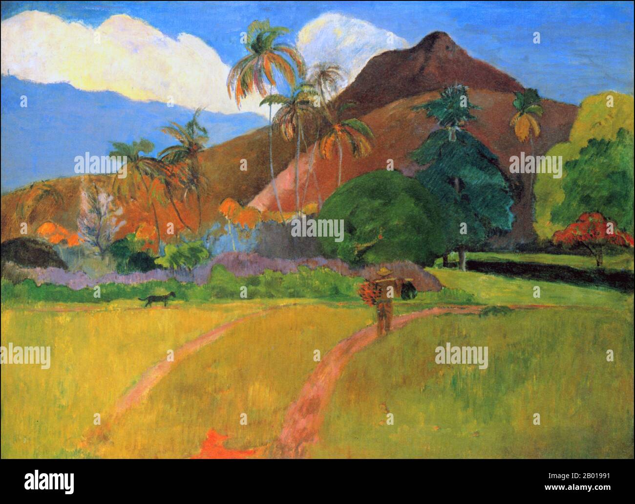 Tahiti: 'Montagnes Tahitiennes' (Tahitian Landscape). Oil on canvas painting by Paul Gauguin (7 June 1848 - 8 May 1903), 1891.  Paul Gauguin was born in Paris in 1848 and spent some of his childhood in Peru. He worked as a stockbroker with little success, and suffered from bouts of severe depression. He also painted. In 1891, Gauguin, frustrated by lack of recognition at home and financially destitute, sailed to the tropics to escape European civilization and 'everything that is artificial and conventional'. His time there was the subject of much interest both then and in modern times. Stock Photo