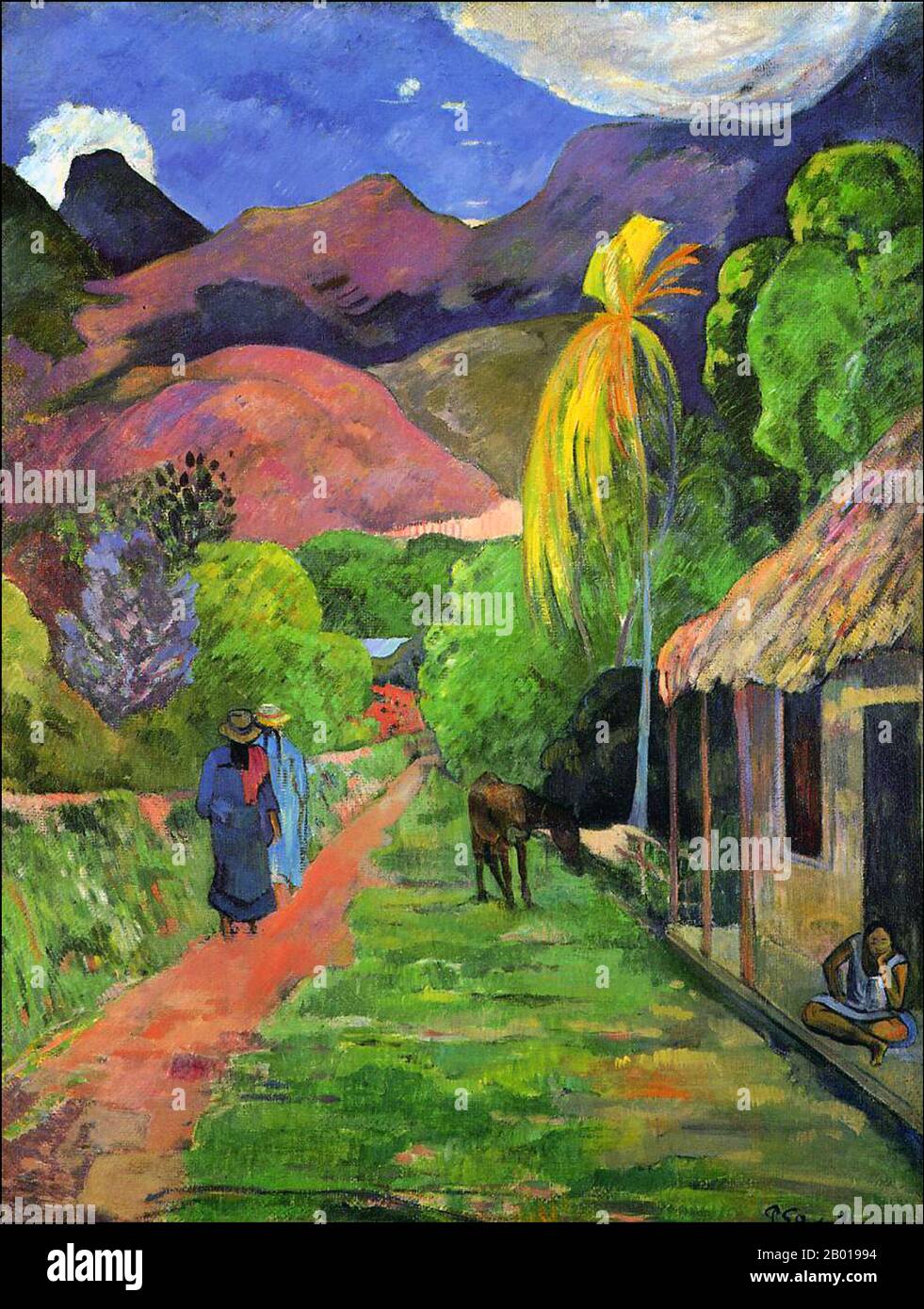 Tahiti: 'Rue de Tahiti' (Street in Tahiti). Oil on canvas painting by Paul Gauguin (7 June 1848 - 8 May 1903), 1891.  Paul Gauguin was born in Paris in 1848 and spent some of his childhood in Peru. He worked as a stockbroker with little success, and suffered from bouts of severe depression. He also painted. In 1891, Gauguin, frustrated by lack of recognition at home and financially destitute, sailed to the tropics to escape European civilization and 'everything that is artificial and conventional'. His time there was the subject of much interest both then and in modern times. Stock Photo