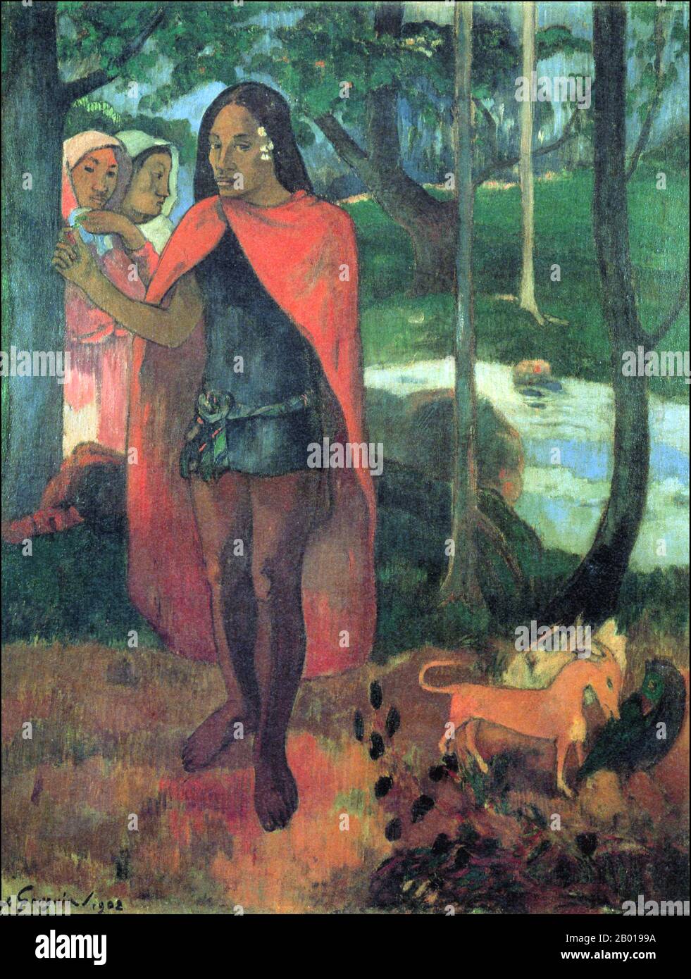 Marquesas Islands: 'Le Sorcier d'Hiva-Oa' (The Sorcerer of Hiva Oa'). Oil on canvas painting by Paul Gauguin (7 June 1848 - 8 May 1903), 1902.  Hiva Oa is the second largest island in the Marquesas Islands, in French Polynesia, an overseas territory of France in the Pacific Ocean. It is the largest island of the Southern Marquesas group. Its name means “long ridgepole” in South Marquesan. The island is likely so named because of its long central ridge.  Paul Gauguin was born in Paris in 1848 and spent some of his childhood in Peru. He sailed to the tropics in 1891 to escape the Western world. Stock Photo