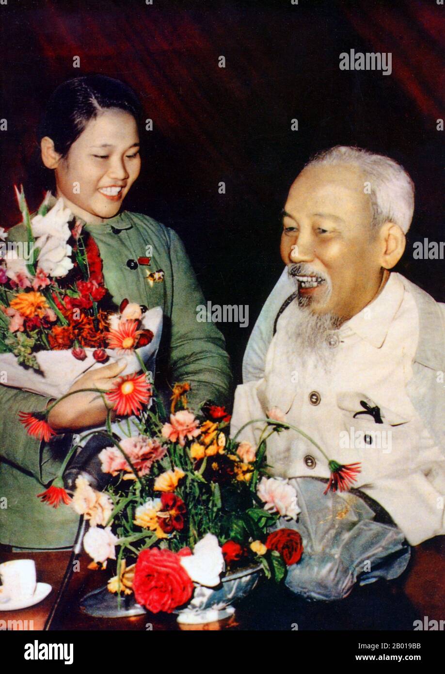 Vietnam: President Ho Chi Minh (19 May 1890 - 3 September 1969) at the Congress of Young Volunteers for the Patriotic Resistance War Against the United States Aggression, 1967.  Hồ Chí Minh, born Nguyễn Sinh Cung and also known as Nguyễn Ái Quốc was a Vietnamese Communist revolutionary leader who was prime minister (1946-1955) and president (1945-1969) of the Democratic Republic of Vietnam (North Vietnam). He formed the Democratic Republic of Vietnam and led the Viet Cong during the Vietnam War until his death. Stock Photo