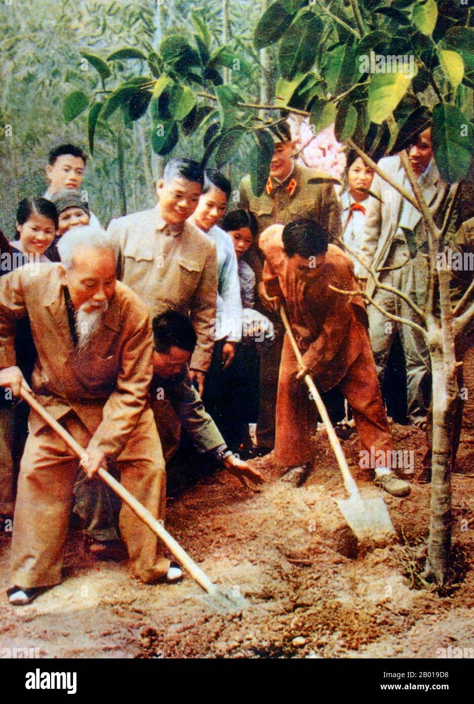 Vietnam: President Ho Chi Minh (19 May 1890 - 3 September 1969) planting trees during the Tet holidays in Bat Bat, c. 1969.  Hồ Chí Minh, born Nguyễn Sinh Cung and also known as Nguyễn Ái Quốc was a Vietnamese Communist revolutionary leader who was prime minister (1946-1955) and president (1945-1969) of the Democratic Republic of Vietnam (North Vietnam). He formed the Democratic Republic of Vietnam and led the Viet Cong during the Vietnam War until his death. Stock Photo