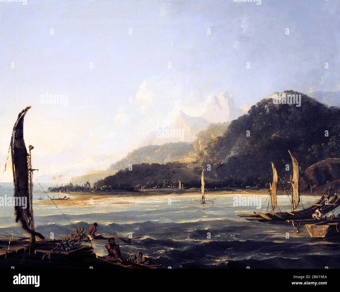 Tahiti: 'A View of Matavai Bay'. Oil on canvas painting by William Hodges (28 October 1744 - 6 March 1797), c. 1775.  William Hodges was an English painter. He was a member of James Cook's second voyage to the Pacific Ocean, and is best known for the sketches and paintings of locations he visited on that voyage, including Table Bay, Tahiti, Easter Island, and the Antarctic. Hodges accompanied Cook to the Pacific as the expedition's artist in 1772-1775. Many of his sketches and wash paintings were adapted as engravings in the original published edition of Cook's journals from the voyage. Stock Photo