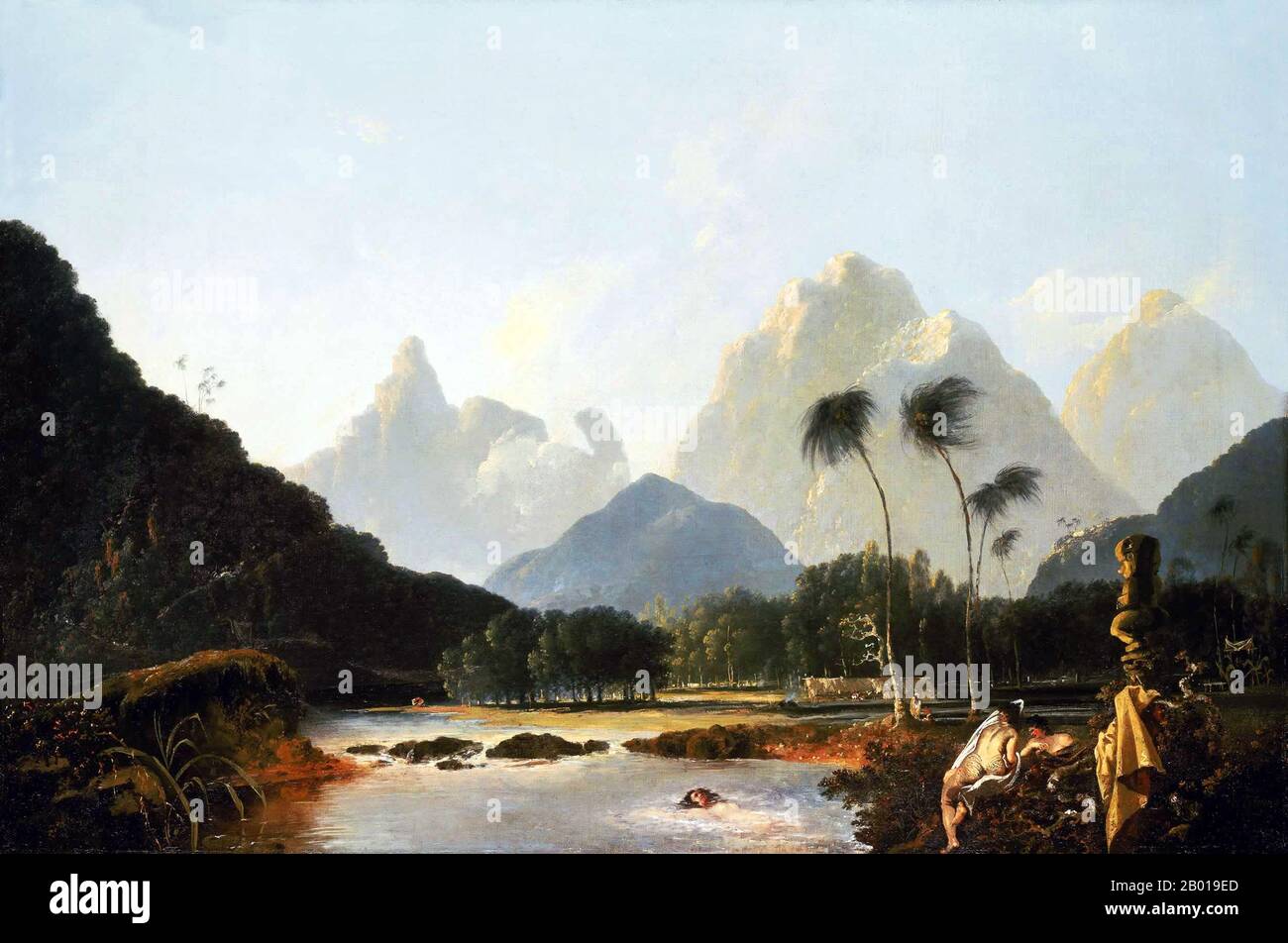Tahiti: 'A View Taken in the Bay of Oaite Peha, Otaheite (Tahiti Revisited)'. Oil on canvas painting by William Hodges (28 October 1744 - 6 March 1797), c. 1776.  William Hodges was an English painter. He was a member of James Cook's second voyage to the Pacific Ocean, and is best known for the sketches and paintings of locations he visited on that voyage, including Table Bay, Tahiti, Easter Island, and the Antarctic. Hodges accompanied Cook to the Pacific as the expedition's artist in 1772-1775. Many of his sketches and wash paintings were adapted as engravings in Cook's published journals. Stock Photo