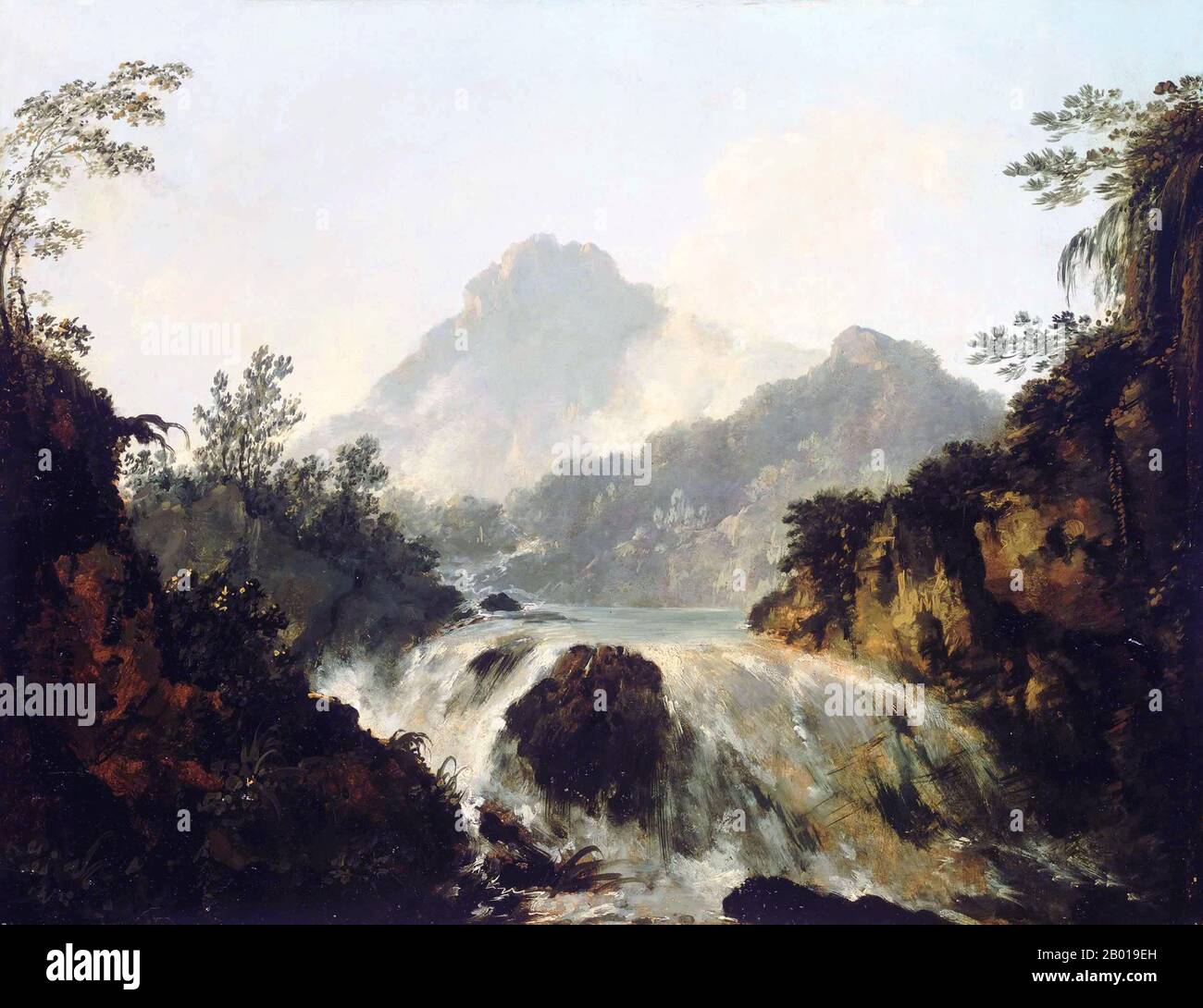 Tahiti: 'A Cascade in the Tuauru Valley, Tahiti'. Oil on wood panel painting by William Hodges (28 October 1744 - 6 March 1797), 1773.  William Hodges was an English painter. He was a member of James Cook's second voyage to the Pacific Ocean, and is best known for the sketches and paintings of locations he visited on that voyage, including Table Bay, Tahiti, Easter Island, and the Antarctic. Hodges accompanied Cook to the Pacific as the expedition's artist in 1772-1775. Many of his sketches and wash paintings were adapted as engravings in the original published edition of Cook's journals. Stock Photo