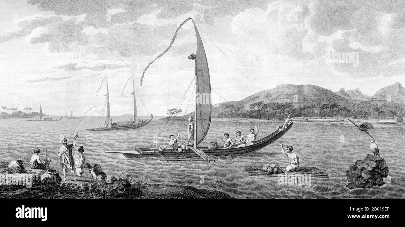 Tahiti: 'Matavai Bay (Tahiti) and Tahitian Boats'. Engraving from the Endeavour Journals of James Cook, 1773.  'The canoe, or boats, which are used by the inhabitants of this and the neighbouring islands may be divided into two general classes; one of which they call Ivahahs, the other Pahies. The Ivahah is used for short excursions to sea, and is wall-sided and flat-bottomed; the Pahie for longer voyages, and is bow-sided and sharp-bottomed.' Stock Photo