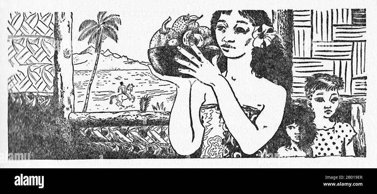 Tahiti: Tahitian woman with fruit and two children, sketch, 1921.  An illustration from 'Faery Lands of the South Seas' by James Norman Hall and Charles Bernard Nordhoff (1921). James Norman Hall and Charles Bernard Nordhoff were two American writers. They were given a given a commission by Harper's Magazine to write travel articles set in the South Pacific. They went to Tahiti in the Society Islands for research and inspiration, and ended up staying, Nordhoff for twenty years, Hall for life. Their second book, Faery Lands of the South Seas, was serialized in Harper's in 1920-1921. Stock Photo