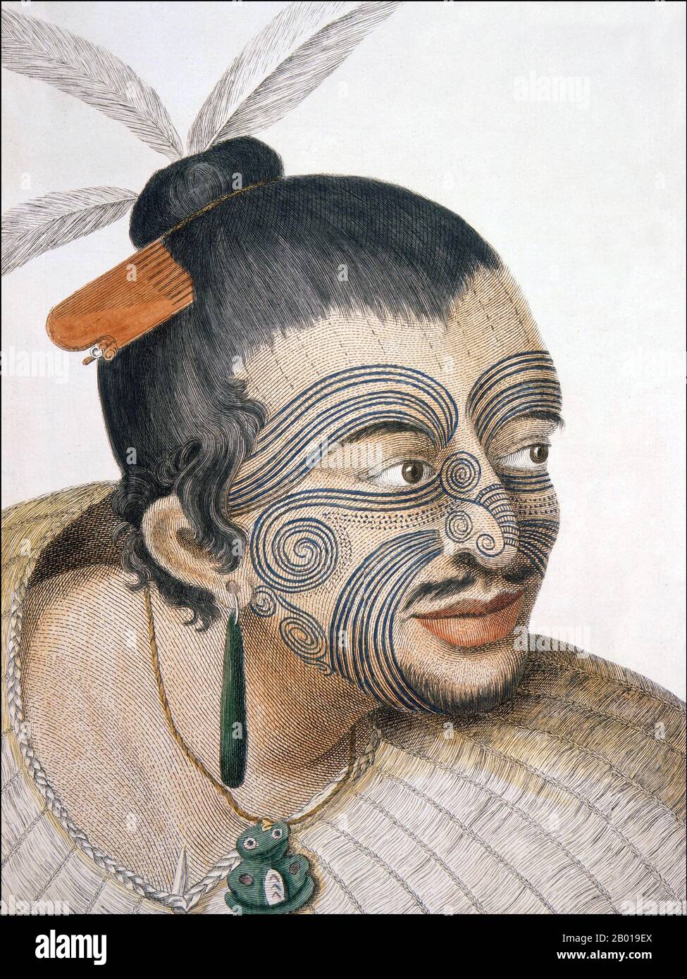 New Zealand: A Maori chief with facial moko tattoo. Engraving by Thomas Chambers after Sydney Parkinson (1745 - 26 January 1771), 1769.  A head and shoulders portrait of a Māori man, his hair in a topknot with feathers and a bone comb, full facial moko, a greenstone earring, a tiki and a flax cloak. He has a small beard and a moustache. Sydney Parkinson was the artist on Captain Cook's first voyage to New Zealand in 1769.  Tā moko is the permanent body and face marking by Māori, the indigenous people of New Zealand. Stock Photo