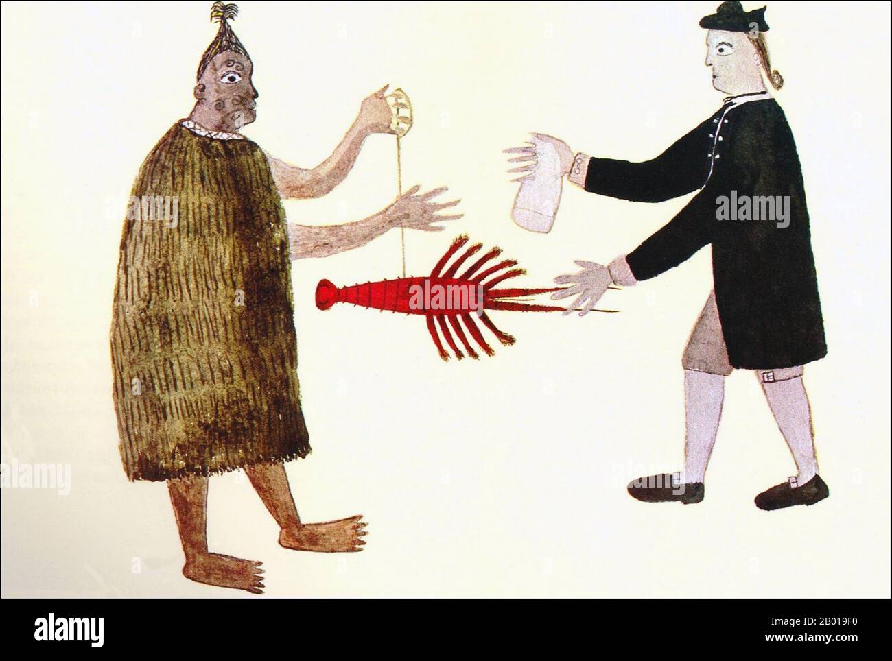 Tahiti: 'A Maori man and Joseph Banks exchanging a crayfish for a piece of cloth'. Drawing by Tupaia (c. 1725 - 20 December 1770), c. 1769.  Tupaia, a native of Raieatea, fled to Tahiti to escape attacking forces from Bora Bora island. A man of clear intelligence, he acted as intermediary, translator and explicator of Polynesian society for visiting European vessels. On Cook's arrival in 1769, Tupaia went on board Cook's voyage to New Zealand, Australia, and Java, where Tupaia eventually died after falling ill. Stock Photo