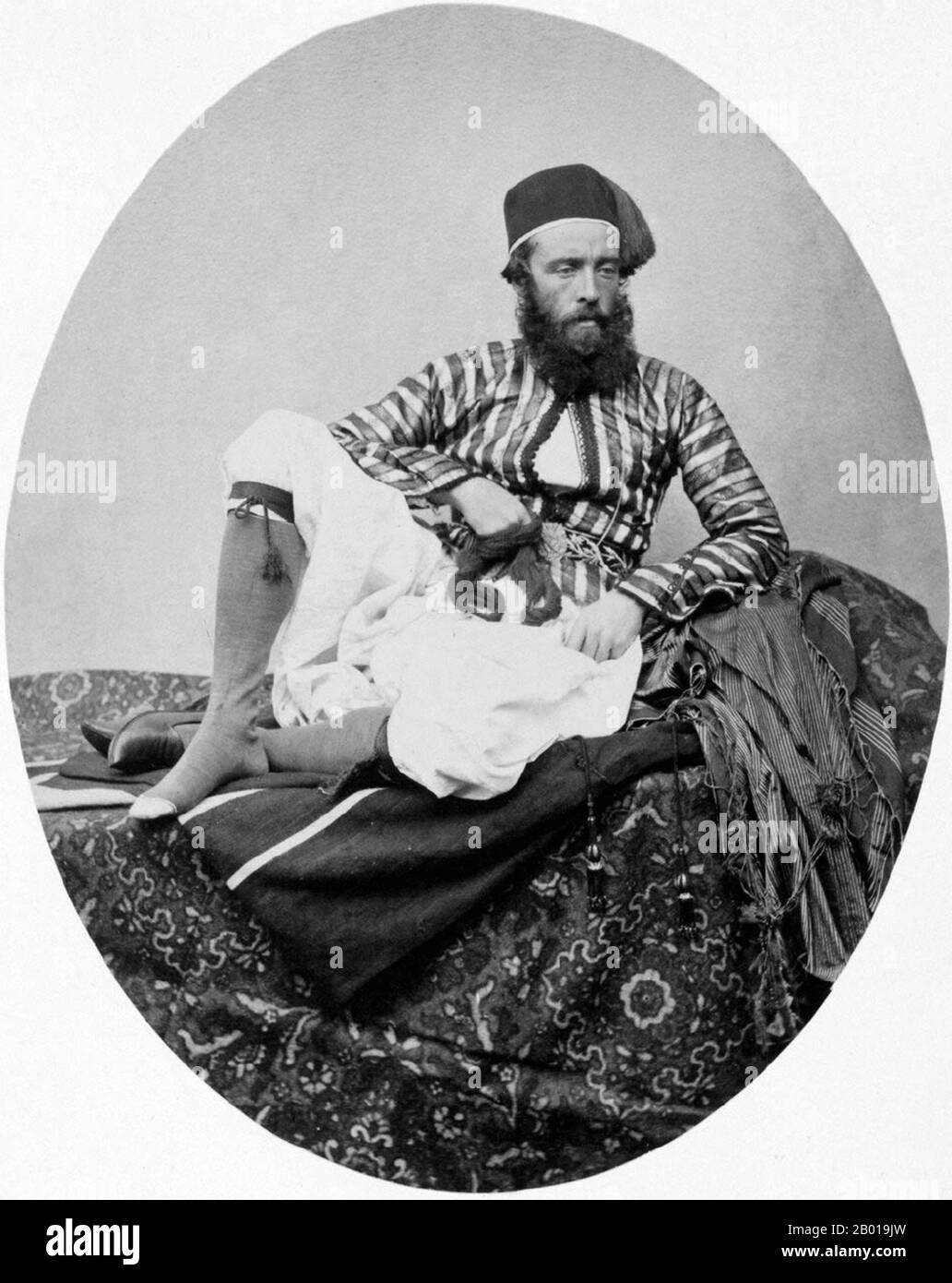 England: Francis Frith (31 October 1822 - 25 February 1898), self-portrait in Middle Eastern costume, c. 1857.  Francis Frith, also spelled Frances Frith, was an English photographer of the Middle East and many towns in the United Kingdom. In 1850, he started a photographic studio known as Frith & Hayward in Liverpool. A successful grocer, and later, printer, Frith fostered an interest in photography, becoming a founding member of the Liverpool Photographic Society in 1853. He journeyed to the Middle East on three occasions, the first being a trip to Egypt in 1856. Stock Photo