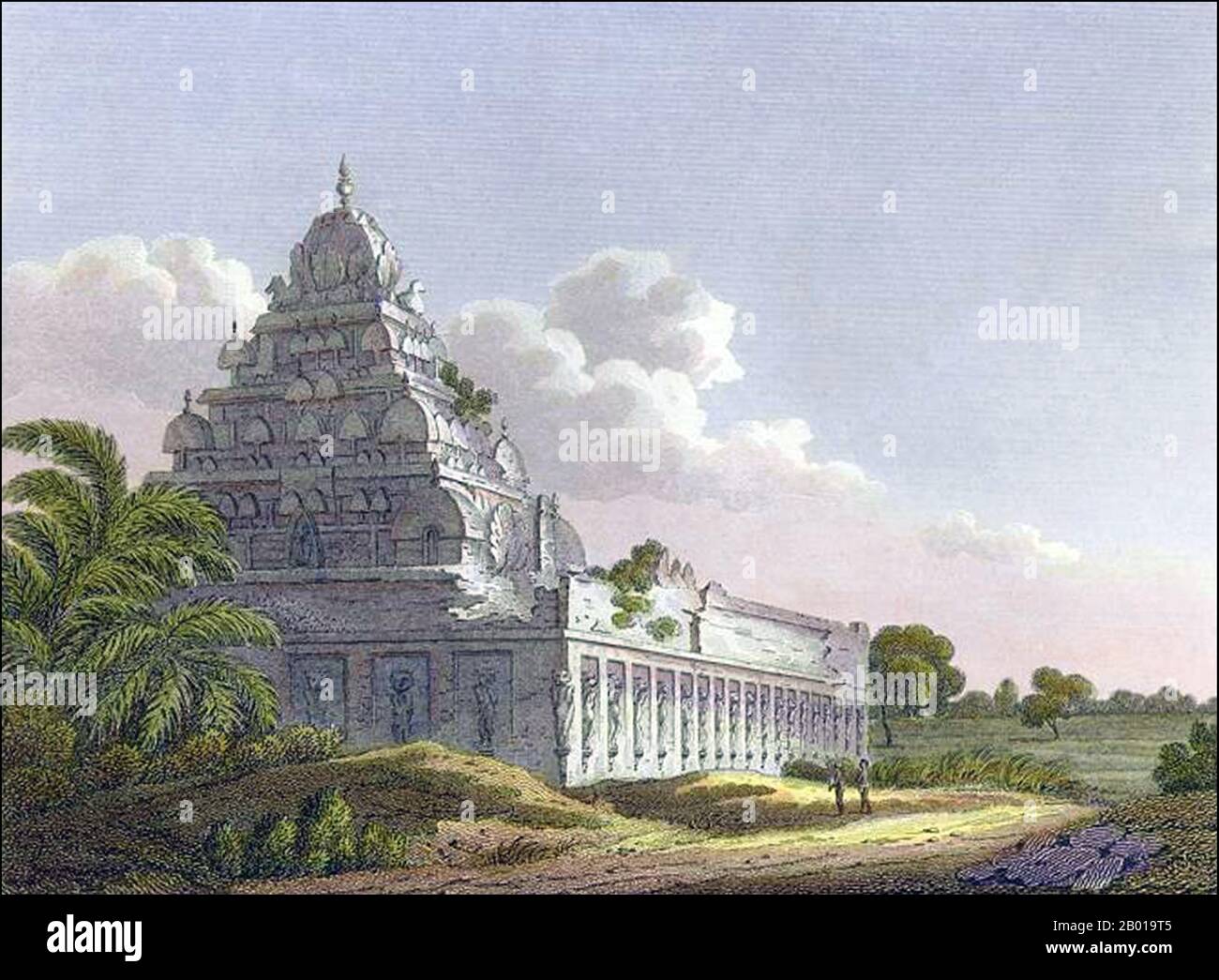 India: A Hindu temple at Kanchipuram, Tamil Nadu. Copper engraving by James Sargant Storer (1771-1853) after a picture by Henry Salt (1780-1827), 1811.  Kanchipuram, Kanchi, or Kancheepuram (also known as Conjeveram/Conjeevaram) is a temple city and a municipality in Kanchipuram district in the Indian state of Tamil Nadu. It is a temple town and the headquarters of Kanchipuram district. In ancient times it was called Kanchi and Kanchiampathi.  There are several large temples (including some of the greatest Vishnu Temples and Shiva Temples of Tamil Nadu), including Varadharaja Perumal Temple. Stock Photo