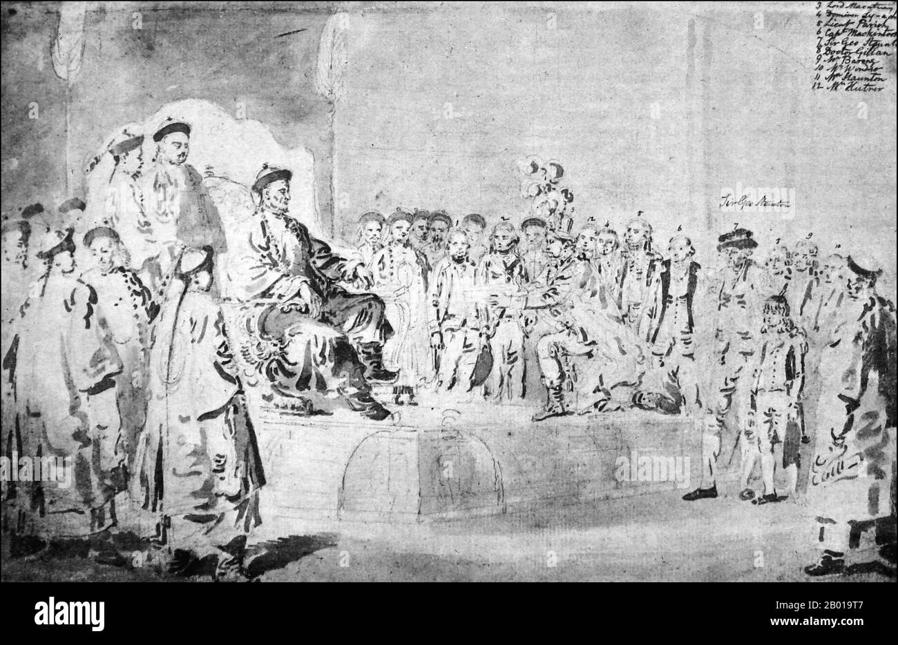 China: The Macartney Embassy to China. The Qianlong Emperor receives a missive from the kneeling Lord Macartney. Sketch by William Alexander (1767-1816), 1793.  The Macartney Embassy, also called the Macartney Mission, was a British embassy to China in 1793. It is named for the first envoy of Great Britain to China, George Macartney, who led the endeavour. The goal of the embassy was to convince the Qianlong Emperor to ease restrictions on trade between Great Britain and China.  The embassy was ultimately not successful, a result of competing world views which were incompatible. Stock Photo