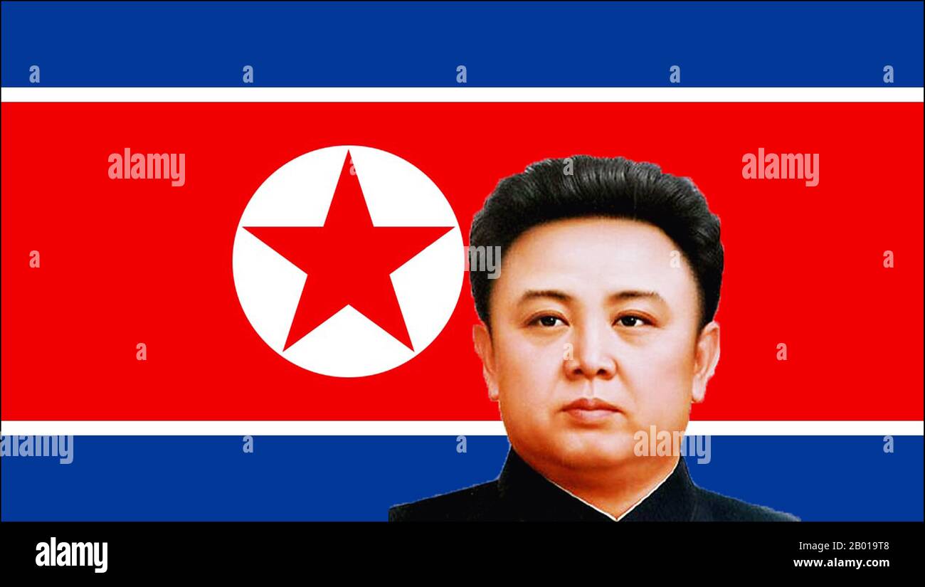 Korea: Pictures of Kim Jong-il (16 February 1941 - 17 December 2011), head and shoulders, set against the flag of North Korea (DPRK).  Kim Jong-il, also written as Kim Jong Il and born Yuri Irsenovich Kim, was the leader of the Democratic People's Republic of Korea (North Korea). He was the Chairman of the National Defense Commission, General Secretary of the Workers' Party of Korea, the ruling party since 1948, and the Supreme Commander of the Korean People's Army, the fourth largest standing army in the world. His son Kim Jong-un took over after his death. Stock Photo