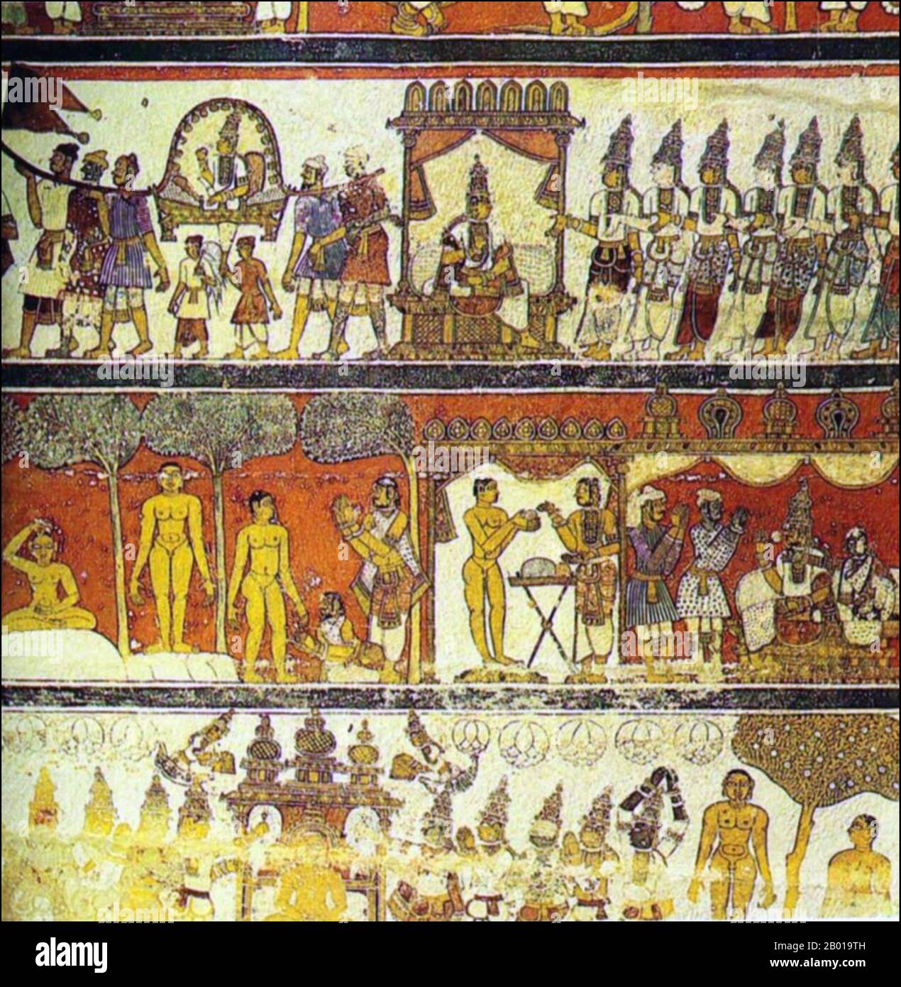 India: Mural from the Jaina Temple at Thiruparruthikundram, Kanchipuram, Tamil Nadu, 17th century.  Top - Scenes from the life of Vardhamāna Mahāvīra (right-to-left): Vardhamāna attaining the spirit of world-flight (vairāgya) and the Laukāntikas appearing to remind him to renounce the world and take to dīkshā; Vardhamāna going to the forest in a palanquin for dīkshā.  Middle - Scenes from the life of Vardhamāna Mahāvīra (left-to-right): Vardhamāna performs dīkshā; Vardhamāna goes out for charyā and partakes of food offered by King Kūla ruler of Kūlagrāma. Stock Photo