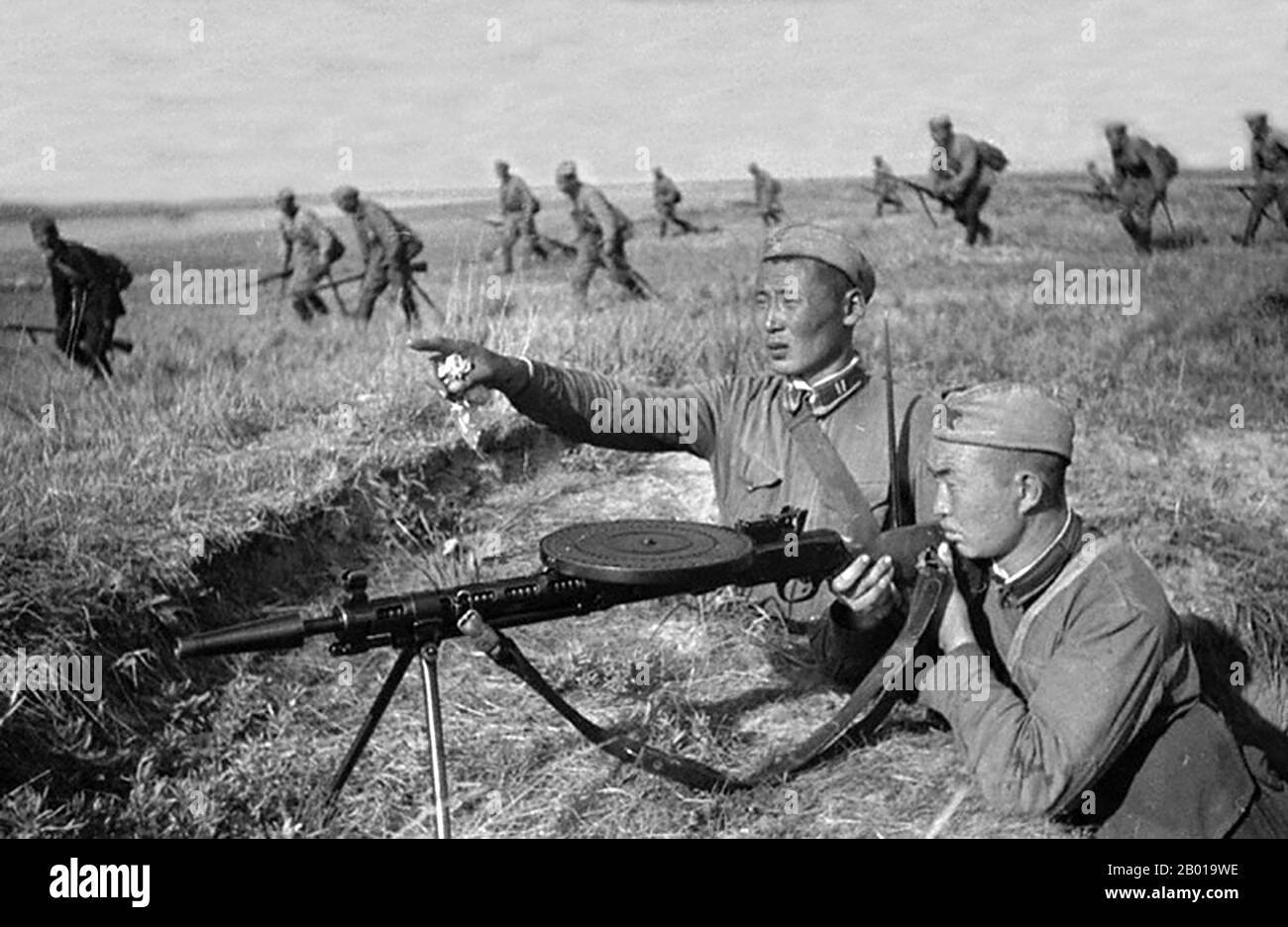 Mongolia: Soldiers of the Mongolian People's Revolutionary Army at Khalkhin Gol, 1939.  The Battles of Khalkhin Gol were the decisive engagements of the undeclared Soviet-Japanese Border War fought between the Soviet Union, Mongolia and Japan in 1939. They were named after the river Khalkhin Gol, which passes through the battlefield. In Japan, the decisive battle of the conflict is known as the Nomonhan Incident (Nomonhan Jiken) after a nearby village, and was a total defeat for their army. Stock Photo