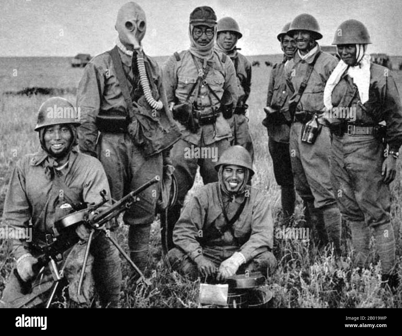 Mongolia: Soldiers of the Imperial Japanese Kwangtung Army posing at Khalkhin Gol, 1939.  The Battles of Khalkhin Gol were the decisive engagements of the undeclared Soviet-Japanese Border War fought between the Soviet Union, Mongolia and Japan in 1939. They were named after the river Khalkhin Gol, which passes through the battlefield. In Japan, the decisive battle of the conflict is known as the Nomonhan Incident (Nomonhan Jiken) after a nearby village, and was a total defeat for their army. Stock Photo