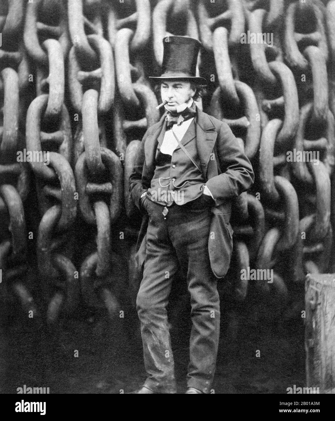 England/UK: Isambard Kingdom Brunel (9 April 1806 - 15 September 1859), by the launching chains of the Great Eastern at Millwall. Photo by Robert Howlett (1831-1858), 1857.  Isambard Kingdom Brunel, FRS, was a leading British civil engineer, famed for his bridges and dockyards, and especially for the construction of the first major British railway, the Great Western Railway; a series of famous steamships, including the first propeller-driven transatlantic steamship; and numerous important bridges and tunnels. His designs revolutionised public transport and modern engineering. Stock Photo
