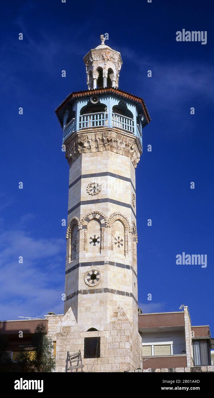 Syria: The octagonal Mamluk minaret built in 1427, the Great Mosque, Hama.  The Great Mosque was first built by the Umayyads in the 8th century CE and was modelled on the Umayyad Mosque in Damascus. It was almost completely destroyed in 1982 during the Sunni muslim uprising in Hama.  Hama is the location of the historical city of Hamath. In 1982 it was the scene of the worst massacre in modern Arab history. President Hafaz al-Assad ordered his brother Rifaat al-Assad to quell a Sunni Islamist revolt in the city. An estimated 25,000 to 30,000 people were massacred. Stock Photo