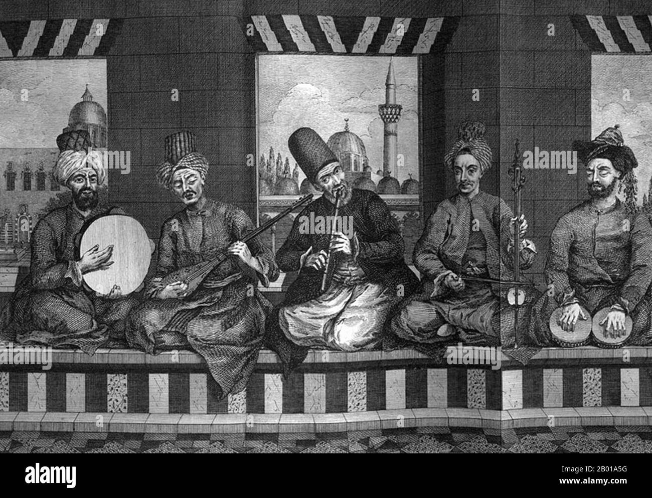 Syria: Musicians of Aleppo (Haleb), late 18th century.  Aleppo is considered one of the main centres of Arabic traditional and classic music with the famous Aleppine Muwashshahs, Qudoods and Maqams (religious and secular poetic-musical genres). Aleppines in general are fond of Arab classical music, the Tarab, and it is not a surprise that many artists from Aleppo are considered pioneers among the Arabs in classic and traditional music. The most prominent figures in this field are Sabri Mdallal, Sabah Fakhri, Shadi Jameel, Abed Azrie and Nour Mhanna. Stock Photo