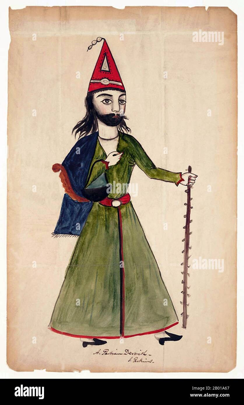 Iran: 'A Persian dervish'. Watercolour sketch by Justin Perkins (1805-1869), Urmia, 1839.  Justin Perkins was born on a farm in Massachusetts, and educated at Amherst and the Andover Theological Seminary. From 1833 until shortly before his death in 1869, he served as missionary to the Nestorian Christians of Qajar Iran (1794-1925) under the auspices of the American Board of Commissioners of Foreign Missions. He was the first American missionary in Qajar Iran, as well as an eminent scholar of Syriac. He developed an alphabet for the writing of modern Syriac. Stock Photo