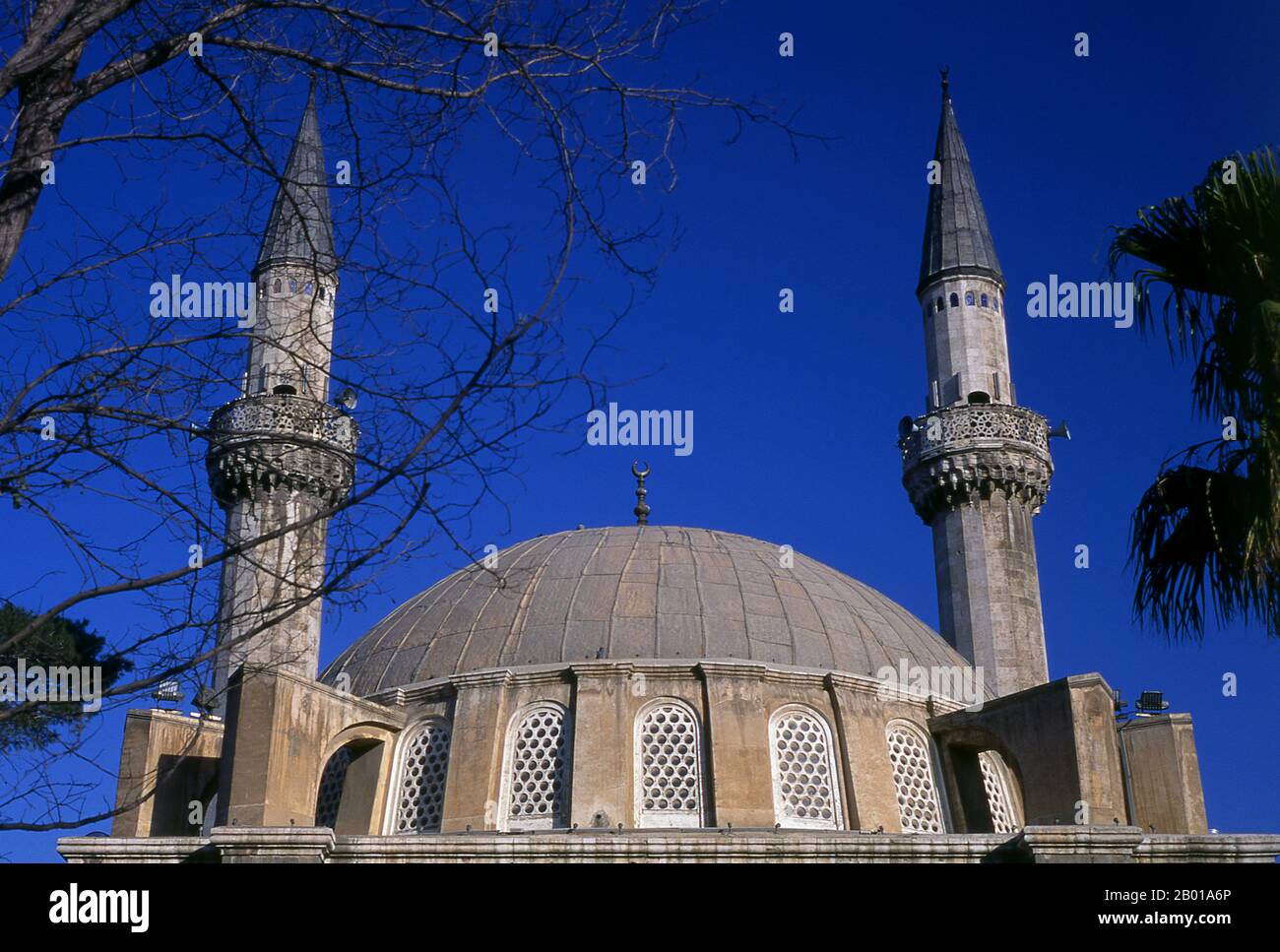 Syria: Tekkiye Mosque, Damascus.  The Tekkiye Mosque (also Takiyyeh as-Sulaymaniyyah, Takieh as-Sulaymaniyya)  was built on the orders of Suleiman the Magnificent and designed by the architect Mimar Sinan between 1554 and 1560. It has been described as 'The finest example in Damascus of Ottoman architecture'. Stock Photo