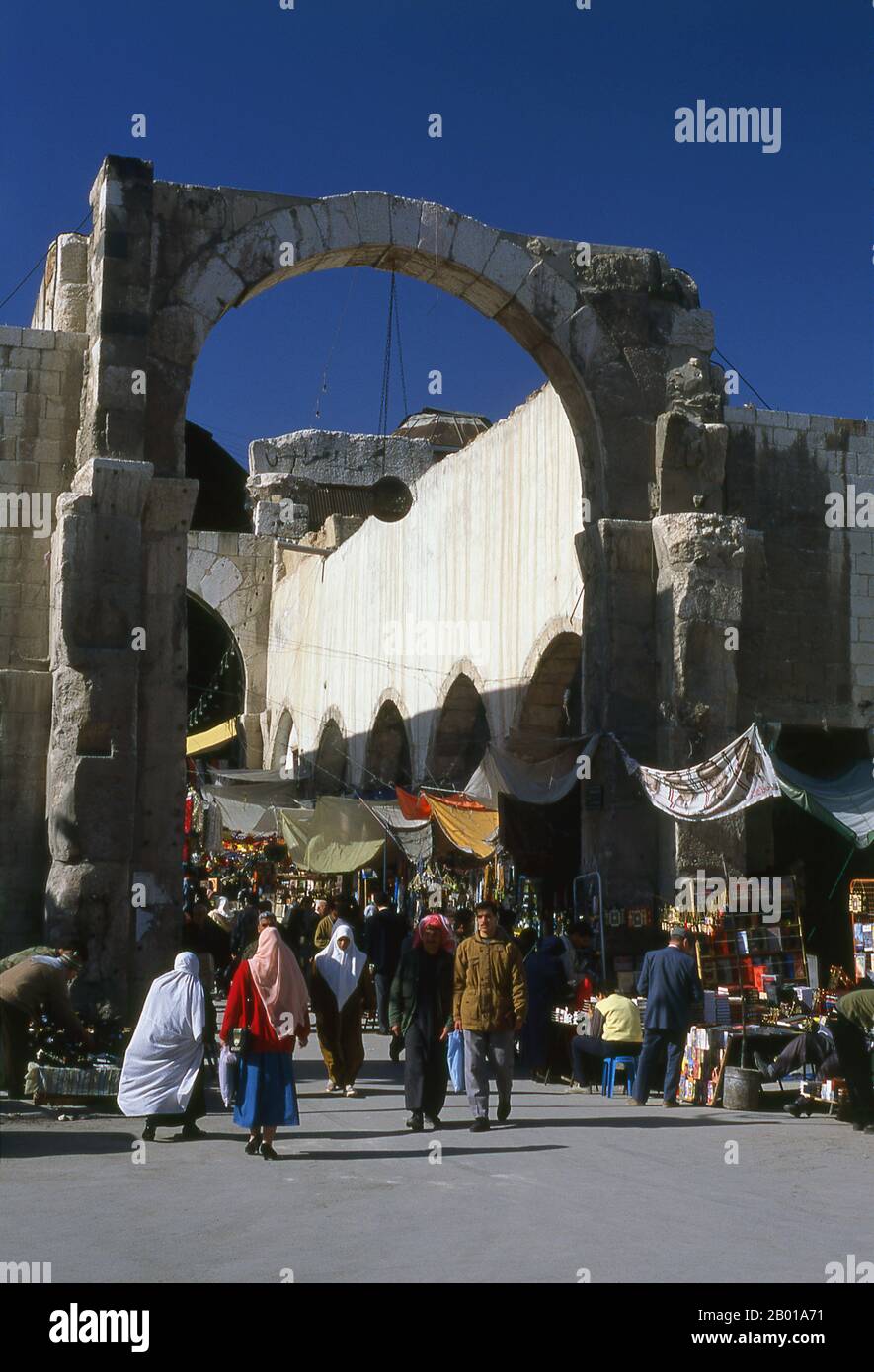 Syria: The ruins of the western gate of the Temple of Jupiter leading to the Souq al-Hamidiyah, Damascus.  The Temple of Jupiter in Damascus was built by the Romans, beginning during the rule of Augustus (23 September 63 BCE – 19 August CE 14) and completed during the rule of Constantius II (7 August 317 – 3 November 361). Stock Photo