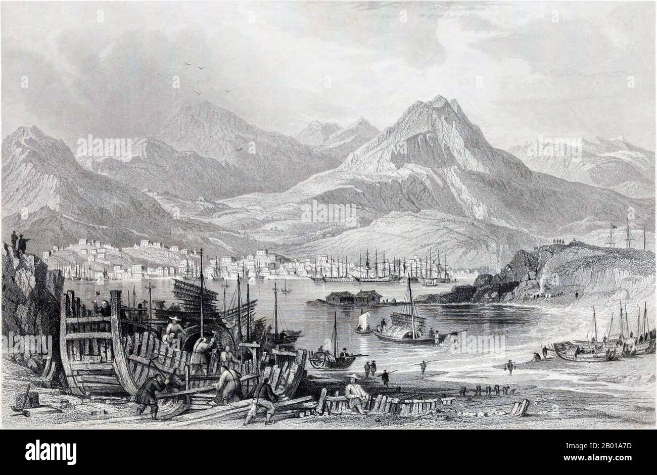 China: Hong Kong seen from Kowloon. Engraving by Samuel Fisher (1802-1855) from a drawing by Thomas Allom (13 March 1804 - 21 October 1872), 1843.  In 1839, the refusal by Qing Dynasty authorities to import opium resulted in the First Opium War between China and Britain. Hong Kong Island was occupied by British forces on 20 January 1841 and was initially ceded under the Convention of Chuenpee as part of a ceasefire agreement between Captain Charles Elliot and Governor Qishan, but the agreement was never ratified due to a dispute between high ranking officials in both governments. Stock Photo