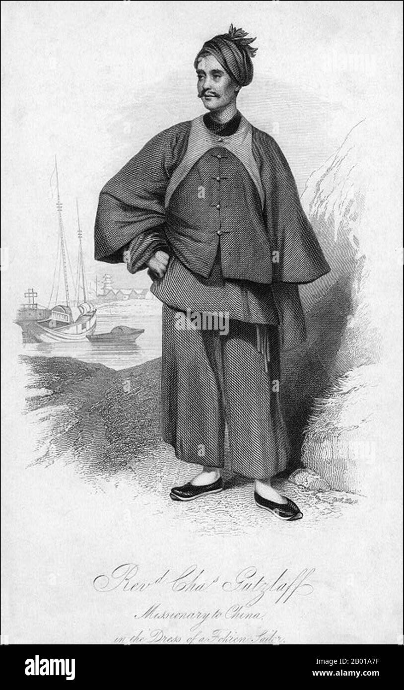 China: Karl Friedrich August Gützlaff (8 July 1803 – 9 August 1851), early protestant missionary to Thailand and China, in the dress of a Fokien sailor. Wood engraving by George Chinnery (1774-1852), 1835.  Karl Friedrich August Gützlaff, anglicised as Charles Gutzlaff, was a German missionary to the Far East, notable as one of the first Protestant missionaries in Bangkok, Thailand and for his books about China. He was one of the first Protestant missionaries in China to dress like a Chinese. He gave himself a Chinese name, Guō Shìlì, but later on Guō Shílà became his official Chinese name. Stock Photo