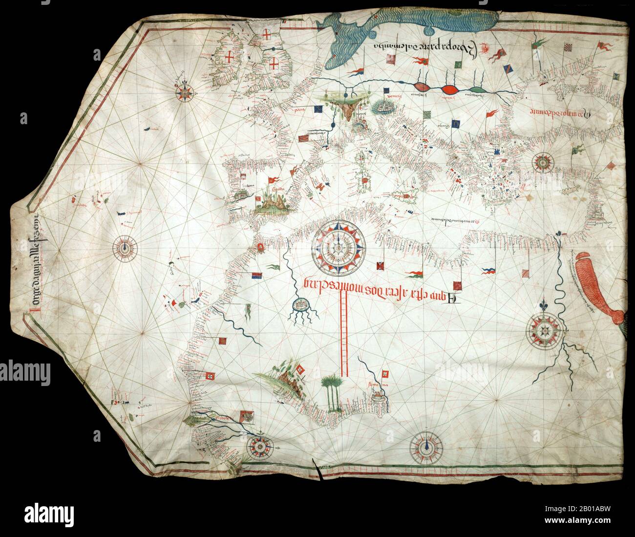 Portugal: Jorge de Aguiar's chart of the Mediterranean, Western Europe and African Coast, 1492.  A portolan chart from 1492, the oldest known signed and dated chart of Portuguese origin. Cartography technologies greatly advanced during the Age of Discovery. Iberian mapmakers in particular focused on practical charts to use as navigational aids.  Unlike Spanish maps which were considered a state secret, Portuguese maps were used by other countries, and Portuguese cartographers drew upon the skill and knowledge of other cultures, notably Islamic, as well. Stock Photo