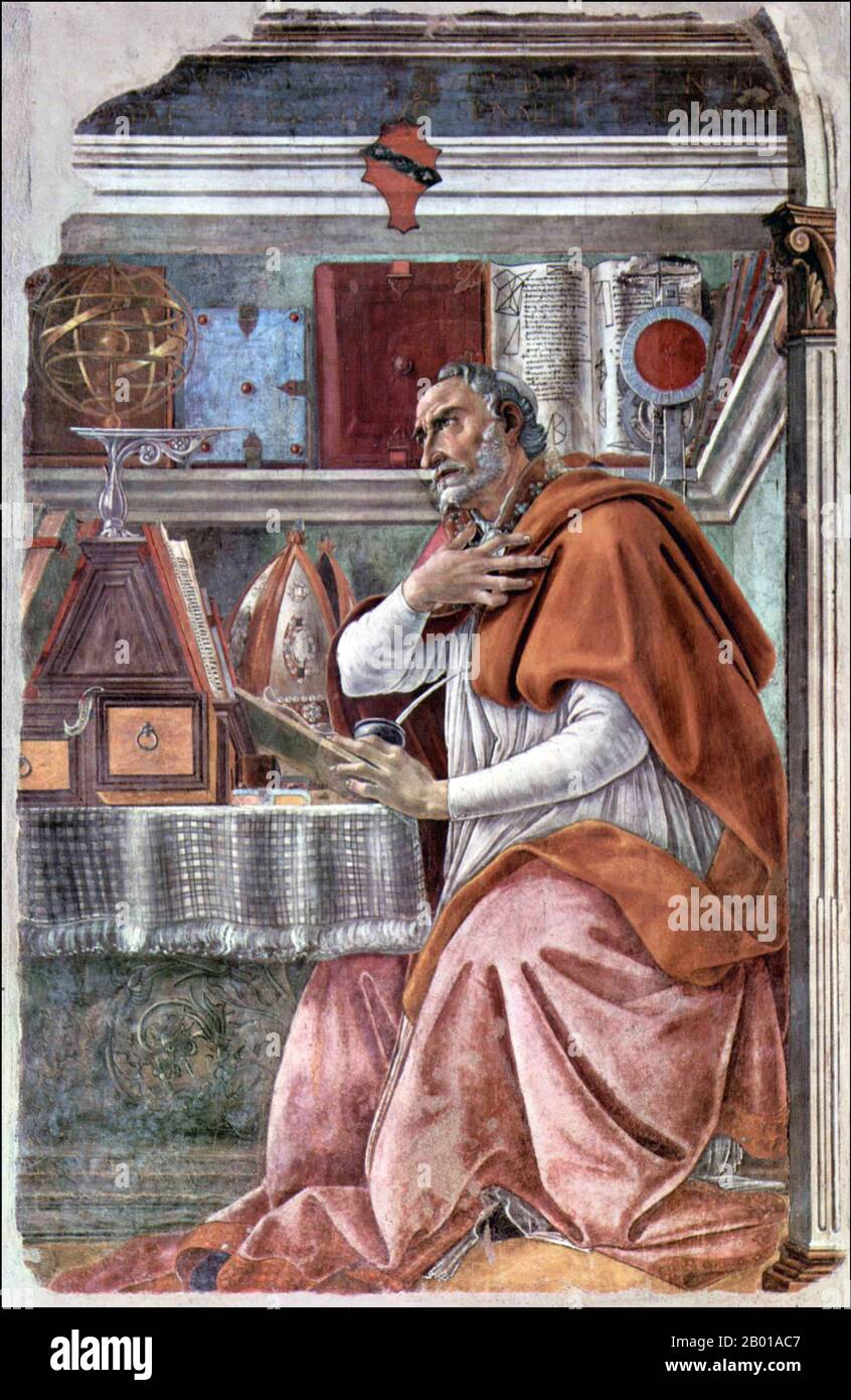 Algeria/Italy:  Saint Augustine of Hippo Regius (13 November 354 - 28 August 430). Fresco by Sandro Botticelli (c. 1445 - 17 May 1510), Ognissanti Church, Florence, 1480.  Augustine of Hippo (Aurelius Augustinus Hipponensis), also known as Augustine, St. Augustine, St. Austin, St. Augoustinos, Blessed Augustine or St. Augustine the Blessed, was Bishop of Hippo Regius, the present-day Annaba, Algeria. He was a Latin-speaking philosopher and theologian who lived in the Roman Africa Province. His writings were very influential in the development of Western Christianity. Stock Photo