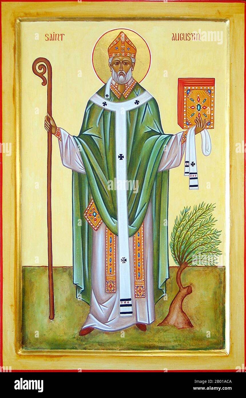 Algeria/Italy:  Icon of Saint Augustine of Hippo Regius (13 November 354 - 28 August 430).  Augustine of Hippo (Aurelius Augustinus Hipponensis), also known as Augustine, St. Augustine, St. Austin, St. Augoustinos, Blessed Augustine or St. Augustine the Blessed, was Bishop of Hippo Regius, the present-day Annaba, Algeria. He was a Latin-speaking philosopher and theologian who lived in the Roman Africa Province. His writings were very influential in the development of Western Christianity.  In his early years Augustine was heavily influenced by Manichaeism and afterward by Neo-Platonism. Stock Photo