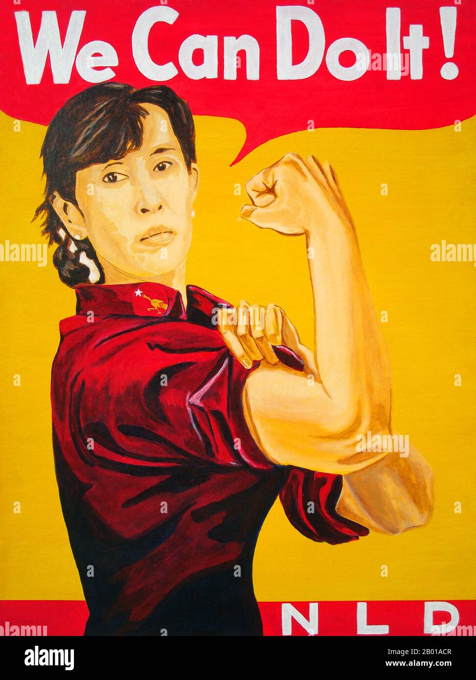 Burma/Myanmar: Aung San Suu Kyi (born 19 June 1945) in the style of 'Rosie the Riveter'. Artwork by Chadwick & Spector (CC BY-SA 3.0 License), 2008.  Aung San Suu Kyi  is a Burmese politician and diplomat who served as State Counsellor (equivalent to a Prime Minister) and Minister of Foreign Affairs from 2016 to 2021, when she was deposed by a military coup and arrested. On 6 December 2021, she was sentenced to four years in prison after several spurious charges were filed against her by the Tatmadaw (Myanmar Armed Forces). She was further sentenced to another nine years in total in 2022. Stock Photo