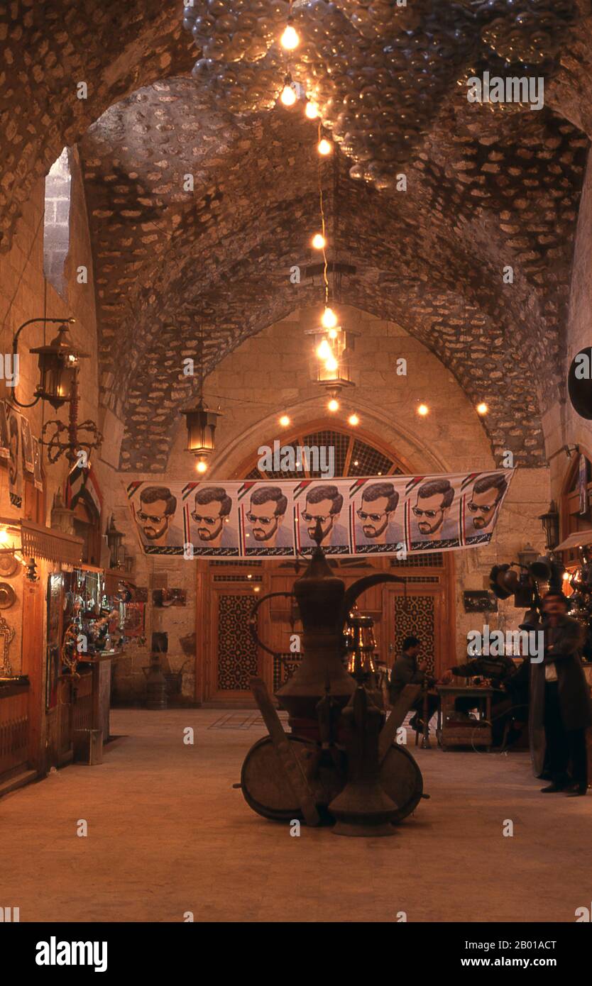 Syria: The restored handicraft suq within Aleppo's Great Bazaar.  Aleppo's Great Bazaar (in Arabic, suq or souq) as we know it today was rebuilt first by the Egyptian Mamelukes who drove out the Mongols, and then, after 1516, by the Turks who incorporated Aleppo into the Ottoman Empire.  Aleppo, the second city of Syria and quite possibly the longest continually inhabited settlement in the world, is of venerable age. So old, indeed, that its Arabic name, Halab, is first mentioned in Semitic texts of the third millennium BC. Stock Photo