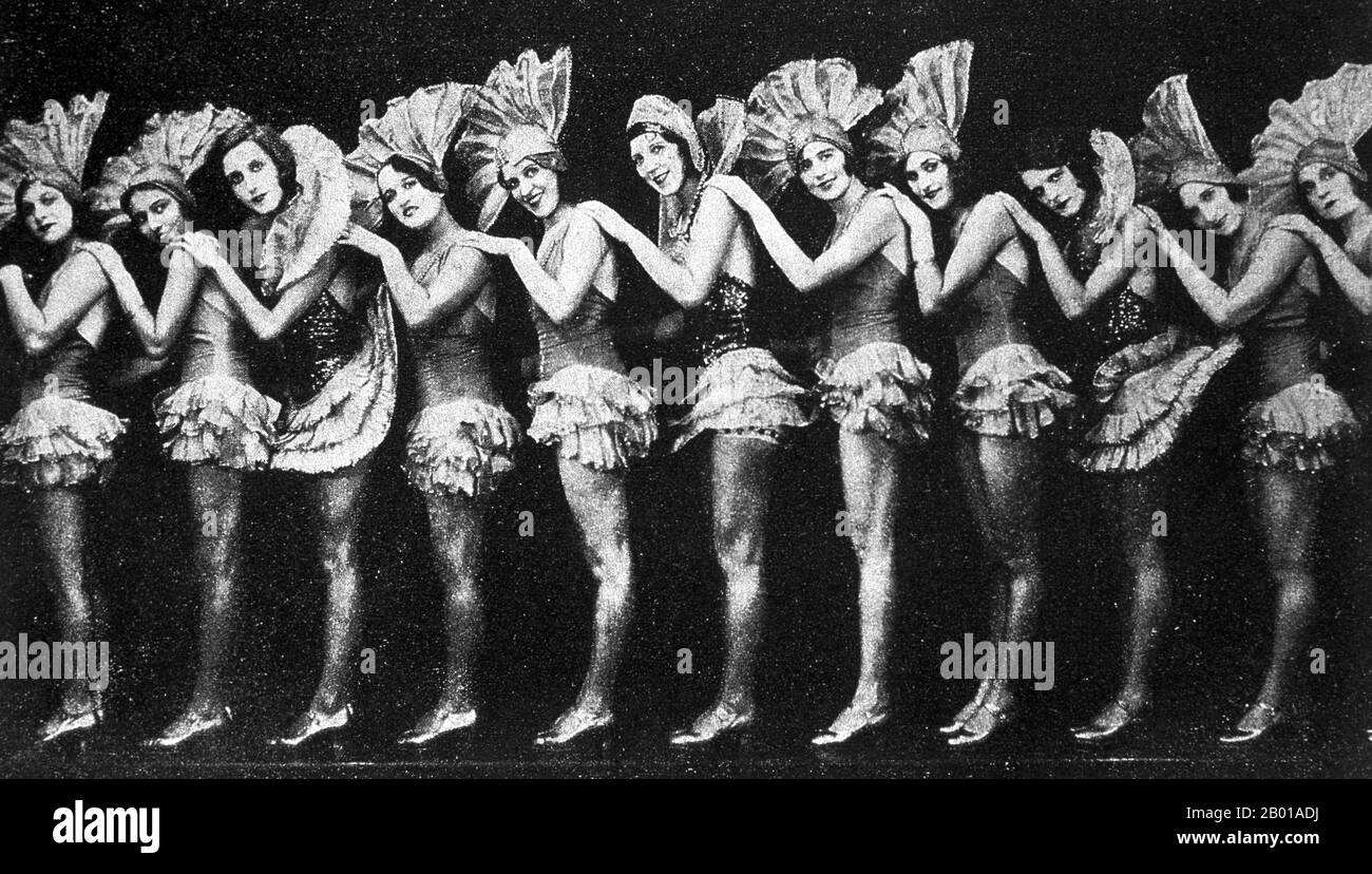 China: White Russian dancing girls from Nikolai Sokolsky's Russian Ballet, Shanghai, 1936.  The Shanghai Russians were a sizable Russian diaspora that flourished in Shanghai between the World Wars. By 1937 it is estimated that there were as many as 25,000 anti-Bolshevik Russians living in the city, the largest European group by far. Most of them had come from the Russian Far East, where, with the support of the Japanese, the Whites had maintained a presence as late as the autumn of 1922. Stock Photo