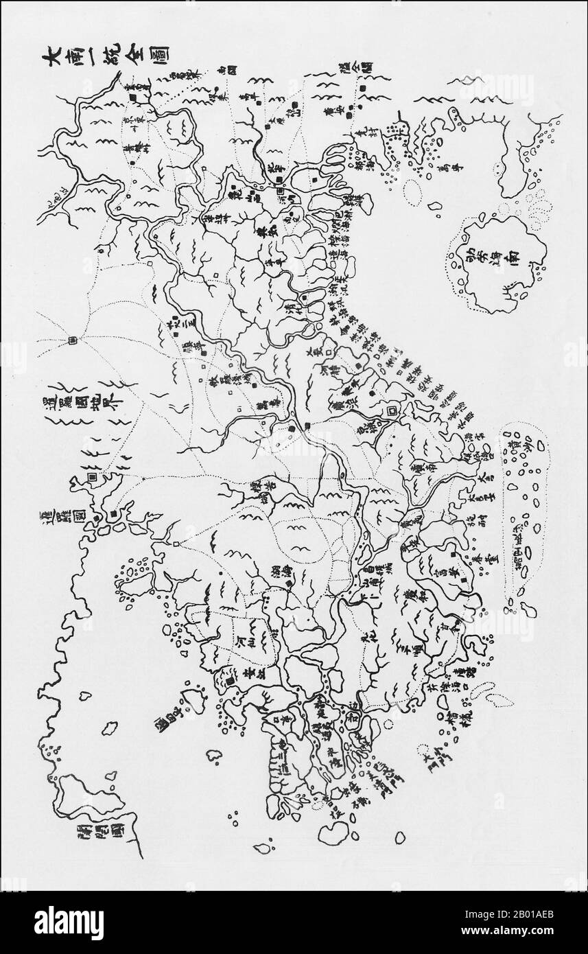 Vietnam: A Vietnamese map published in 1834 showing the East Sea (South China Sea) and the Gulf of Thailand. The Spratlys are represented as a long cluster of islets just off the shore of central Vietnam.  The Spratly Islands are a group of more than 750 reefs, iislets, atolls, cays and islands in the South China Sea. The archipelago lies off the coasts of the Philippines and Malaysia (Sabah), about one third of the way to southern Vietnam. They comprise less than four square kilometres of land area spread over more than 425,000 square kilometres of sea. Stock Photo