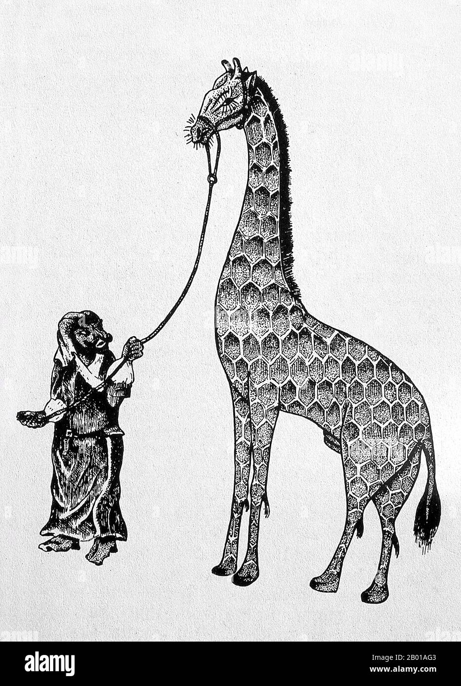 China: A giraffe brought to the court of the Ming Dynasty Yongle Emperor (2 May 1360 - 12 August 1424) from East Africa by the fleet of Admiral Zheng He (1371–1435), c. 15th century.  Between 1405 and 1433, the Ming government sponsored a series of seven naval expeditions. The Yongle emperor designed them to establish a Chinese presence, impose imperial control over trade, impress foreign peoples in the Indian Ocean basin and extend the empire's tributary system. Zheng He was placed as the admiral in control of the huge fleet and armed forces that undertook these expeditions. Stock Photo