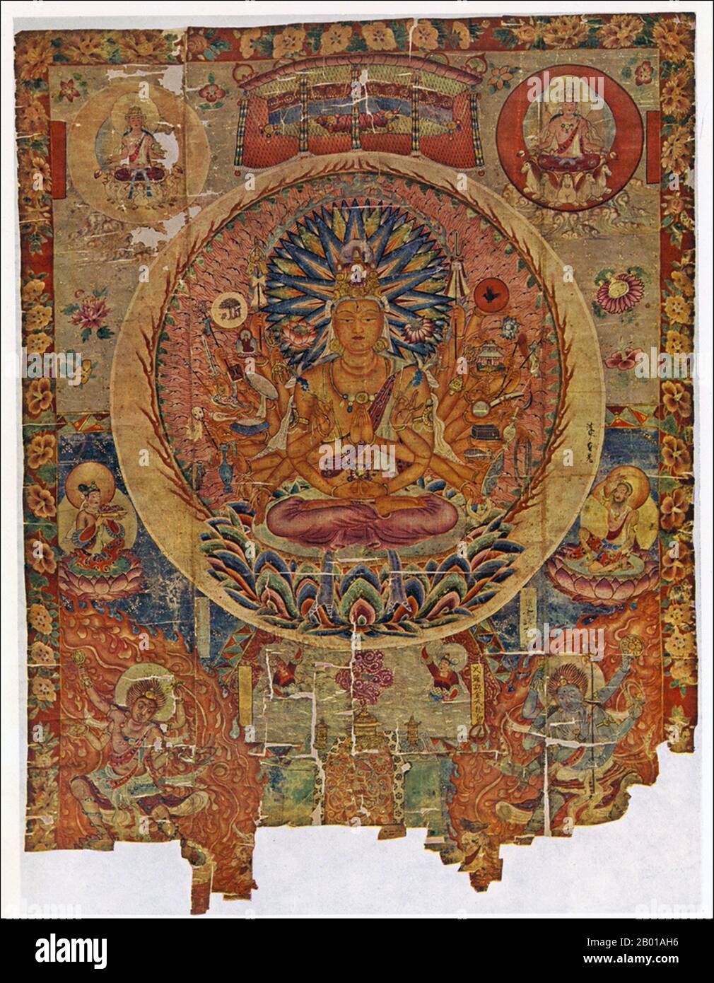 China: Painting on silk representing thousand-armed Avalokitesvara or Guanyin, Mogao Caves, Dunhuang, Gansu, c. 9th century.  Avalokitesvara ('Lord who looks down') is a bodhisattva who embodies the compassion of all Buddhas. He is one of the more widely revered bodhisattvas in mainstream Mahayana Buddhism.  The Mogao Caves, or Mogao Grottoes (also known as the Caves of the Thousand Buddhas and Dunhuang Caves) form a system of 492 temples 25 km (15.5 miles) southeast of the center of Dunhuang, an oasis strategically located at a religious and cultural crossroads on the Silk Road. Stock Photo