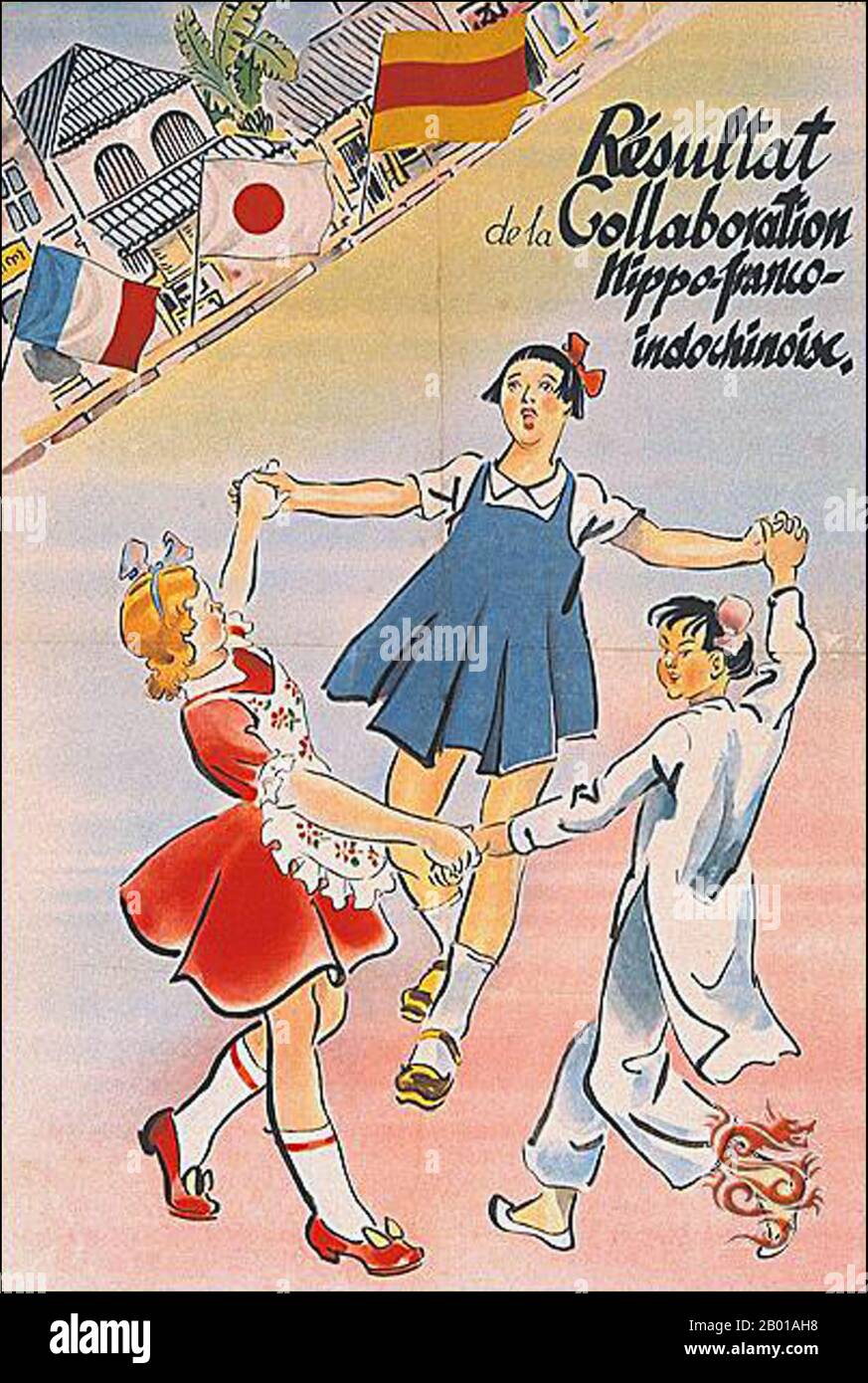 Japan/Indochina: 'The Result of Japanese-French-Indochinese Collaboration'. Japanese propaganda poster from Japanese-Vichy Indochina, c. 1942.   Three happy dancing children, one French, one Vietnamese and one Japanese in this Vichy-Japanese propaganda poster from World War II. French, Japanese and French Indochina flags flutter in the background.  In September 1940, during World War II, the newly created regime of Vichy France granted Japan's demands for military access to Tonkin with the invasion of French Indochina (or Vietnam Expedition). This allowed Japan better access to China. Stock Photo