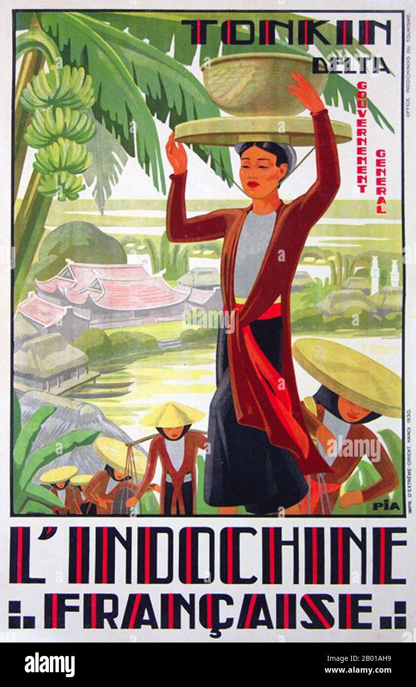 Vietnam: Vintage tourism poster advertsing the Red River Delta in Tonkin, French Indochina, c. 1930.  Tourism poster advertising French Indochina or Indochine Francaise. French Indochina included Vietnam (Tonkin, Annam and Cochin China) as well as Laos and Cambodia. Stock Photo