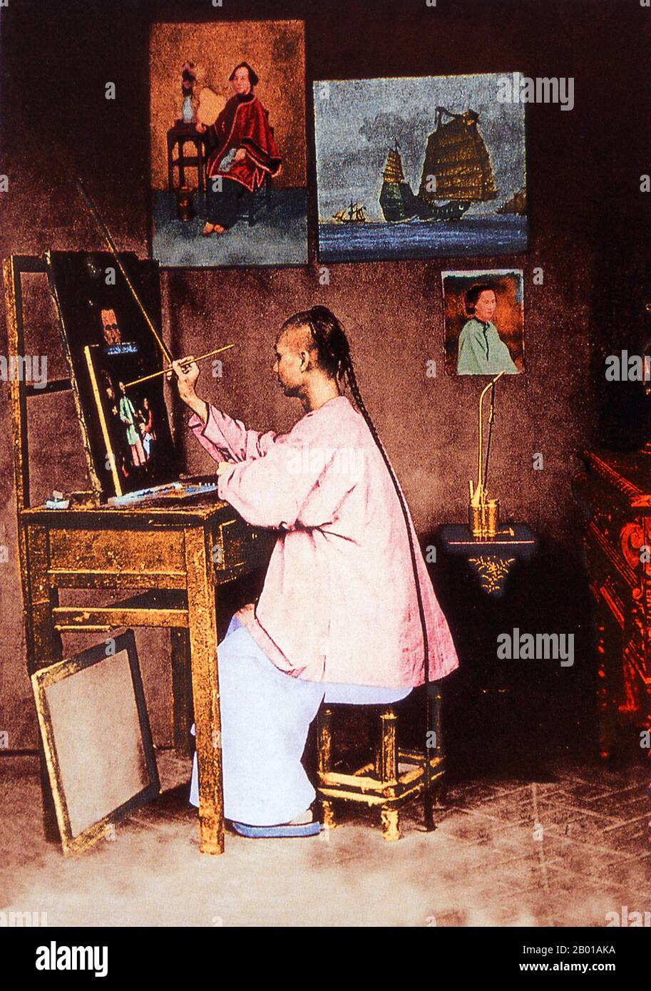 China: A painter copying paintings for sale to customers who were often Westerners, John Thomson (13 June 1837 - 29 September 1921), c. 1868.  John Thomson was a pioneering Scottish photographer, geographer and traveller. He was one of the first photographers to travel to the Far East, documenting the people, landscapes and artifacts of eastern cultures. Upon returning home, his work among the street people of London cemented his reputation, and is regarded as a classic instance of social documentary which laid the foundations for photojournalism. He went on to become a portrait photographer. Stock Photo