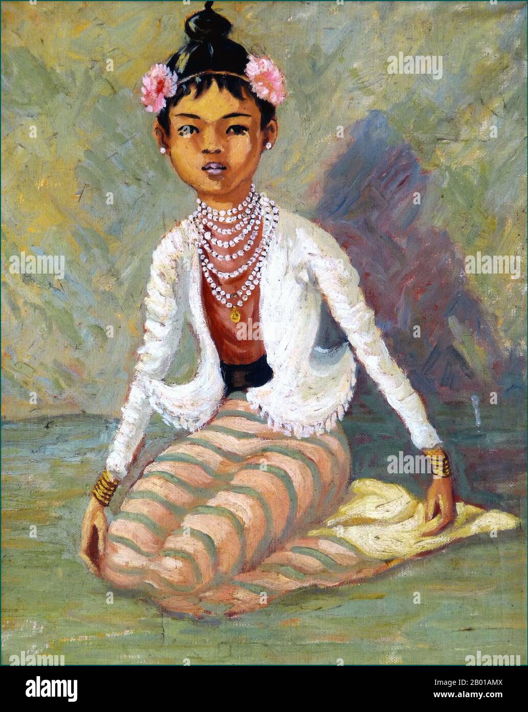 Burma/Myanmar: Young Burmese girl in longyi with flowers in her hair. Colonial period painting, c. 1910.  A longyi is a sheet of cloth widely worn in Burma. It is approximately 2 m (6½ ft.) long and 80 cm (2½ ft.) wide. The cloth is often sewn into a cylindrical shape. It is worn around the waist, running to the feet. It is held in place by folding fabric over, without a knot. It is also sometimes folded up to the knee for comfort. Similar garments are found in India, Bangladesh, Sri Lanka, the Malay Archipelago, and Juiz de Fora. Stock Photo