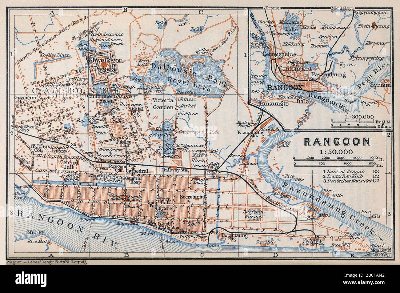 Burma/Myanmar: Map of Rangoon (Yangon) by Ernst Debes (1840-1923) & Henrich Wagner (1846-1921), Baedeker, 1914.  Yangon, also known as Rangoon (literally: 'End of Strife') is a former capital of Burma (Myanmar) and the capital of Yangon Region (formerly Yangon Division). Although the military government officially relocated the capital to Naypyidaw in March 2006, Yangon, with a population of over four million, continues to be the country's largest city and the most important commercial centre.  Yangon's infrastructure is undeveloped compared to those of other major cities in Southeast Asia. Stock Photo