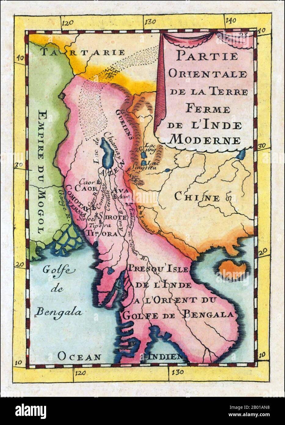 Asia: 'Partie Orientale De La Terre Ferme De L' Inde Moderne'. Map of Indochina showing parts of India, China and Central Asia and featuring prominently the mythical 'Lake Chiamay', by Alain Manesson Mallet (1630-1706), Paris, 1683.  Copper engraving, hand colored in wash and outline. Decorative engraved map showing the gulf of Bengal with Burma and Thailand and neighbouring countries. With several engraved names of rivers and regions, including the mythical 'Lake Chiamay' or 'Lake Chiang Mai', supposed source for many of the great rivers of Southeast Asia. Stock Photo