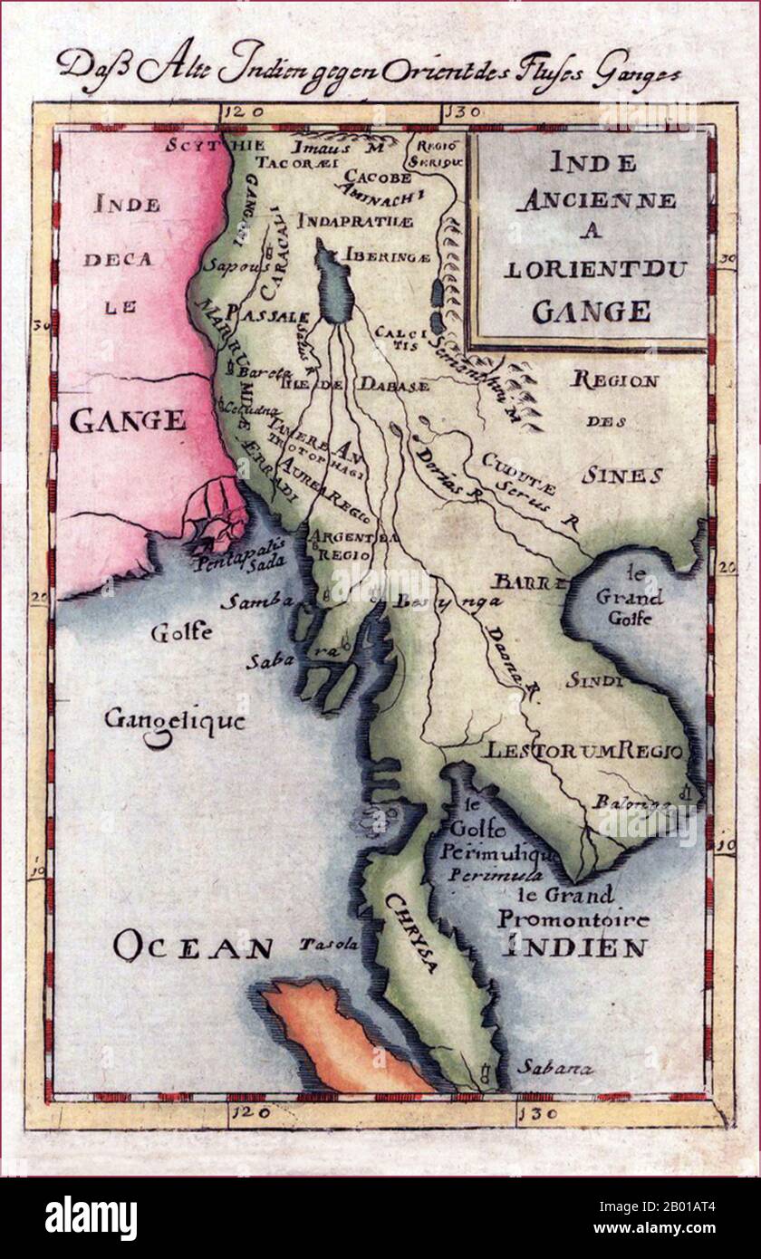 Southeast Asia: Map of Burma, Thailand, Laos, Cambodia and Vietnam, by Alain Manesson Mallet (1630-1706), 1719.  'Inde Ancienne A l'Orient Du Gange - Dass Alte Indien gegen Orient des Flusses Ganges' (Ancient India to the East of the Ganges). Copper-engraving, handcoloured in wash and outline. Decorative engraved map showing Burma and Thailand with Laos, Cambodia, Vietnam and the Malay peninsula. The mythical 'Lake Chiamay or 'Lake Chiang Mai' is prominent in the upper centre of the map, but is unnamed. Stock Photo